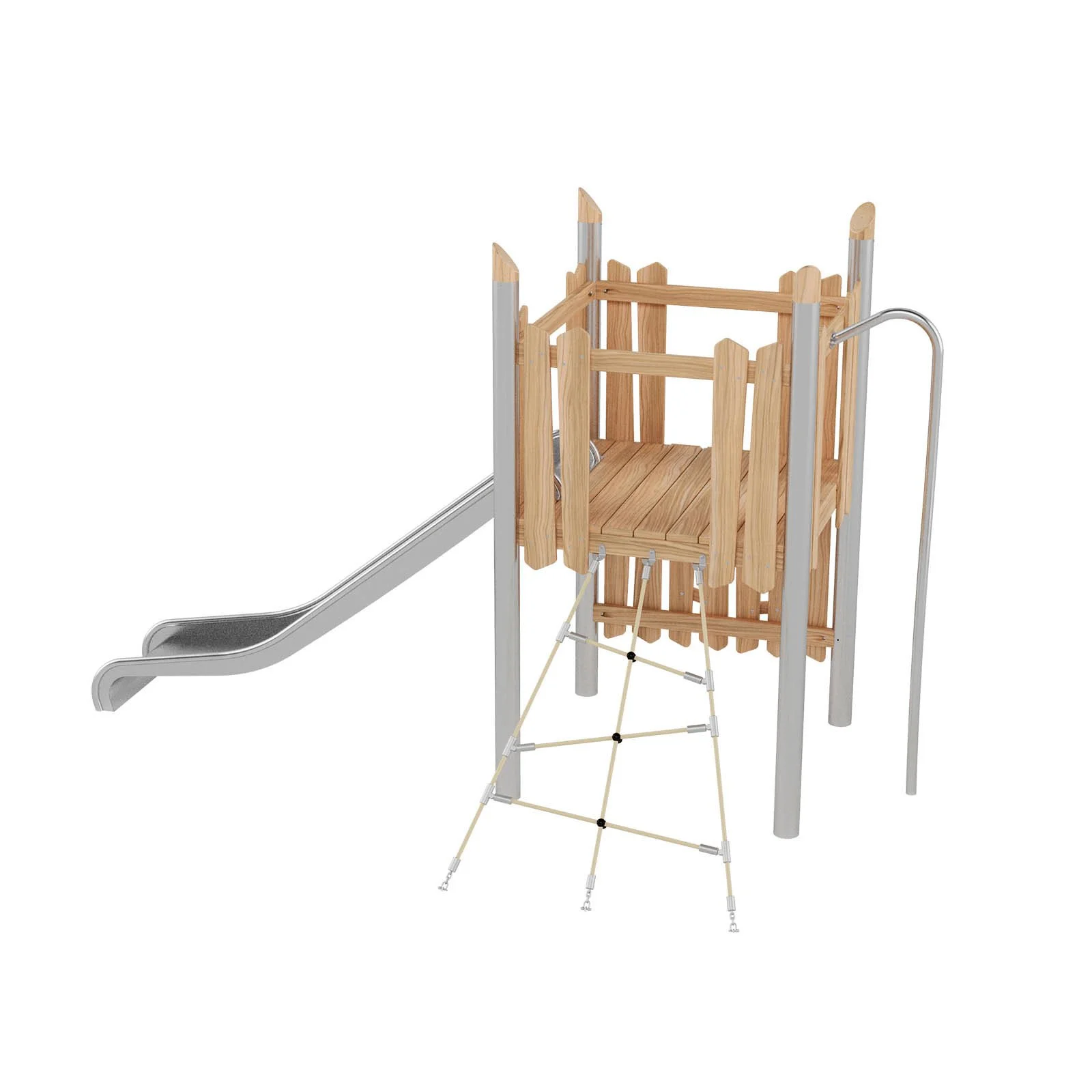 Robinio 102 playground structure for public spaces, ages 3–14, combines climbing routes and stainless steel slide, compact design, durable materials, EN 1176 compliant.