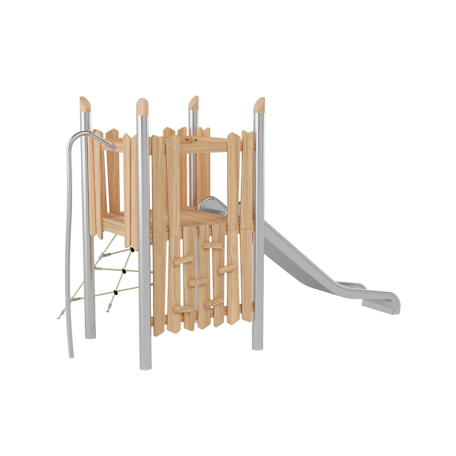 Robinio 102 playground structure for public spaces, ages 3–14, combines climbing routes and stainless steel slide, compact design, durable materials, EN 1176 compliant.