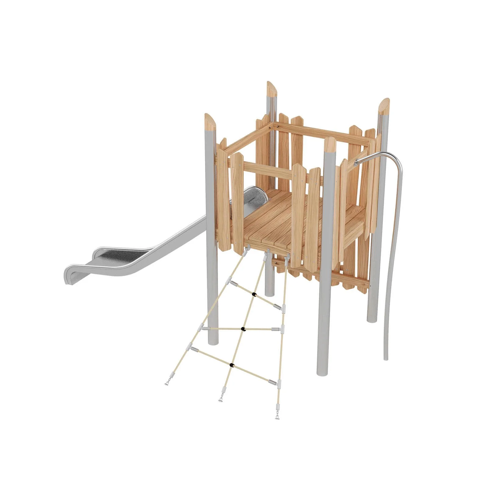 Robinio 102 playground structure for public spaces, ages 3–14, combines climbing routes and stainless steel slide, compact design, durable materials, EN 1176 compliant.