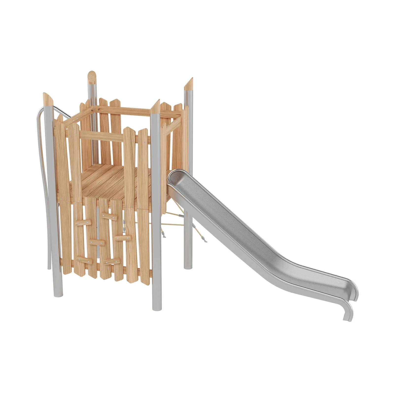 Robinio 102 playground structure for public spaces, ages 3–14, combines climbing routes and stainless steel slide, compact design, durable materials, EN 1176 compliant.
