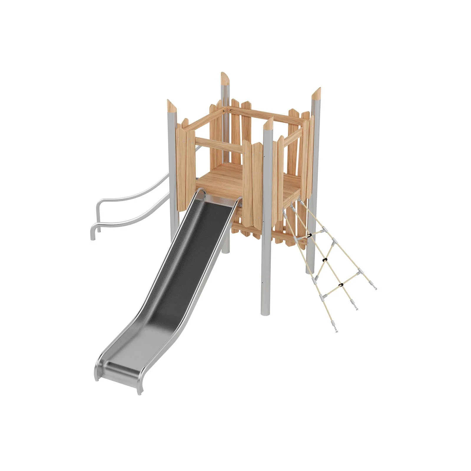 Robinio 103 playground structure for public spaces, ages 3–14, combines climbing routes with stainless steel slides, compact design, durable materials, EN 1176 compliant.