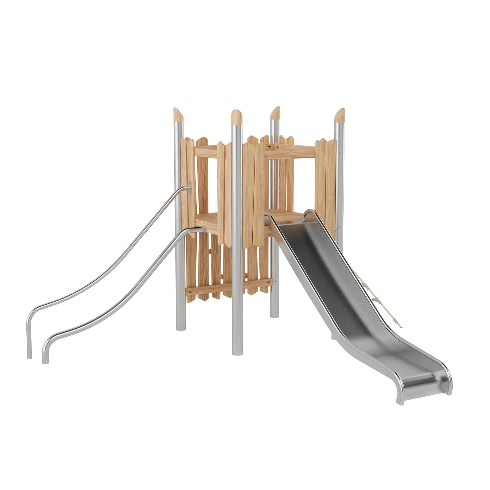 Robinio 103 playground structure for public spaces, ages 3–14, combines climbing routes with stainless steel slides, compact design, durable materials, EN 1176 compliant.