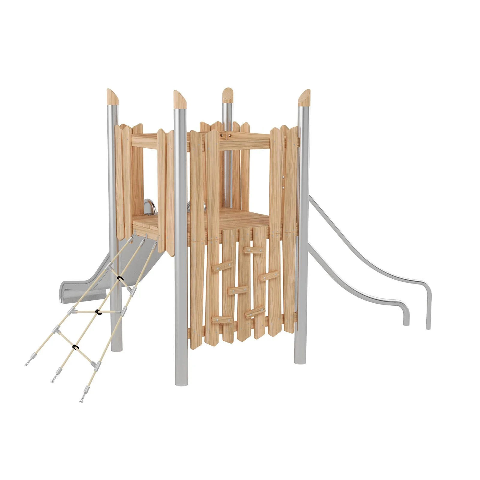 Robinio 103 playground structure for public spaces, ages 3–14, combines climbing routes with stainless steel slides, compact design, durable materials, EN 1176 compliant.