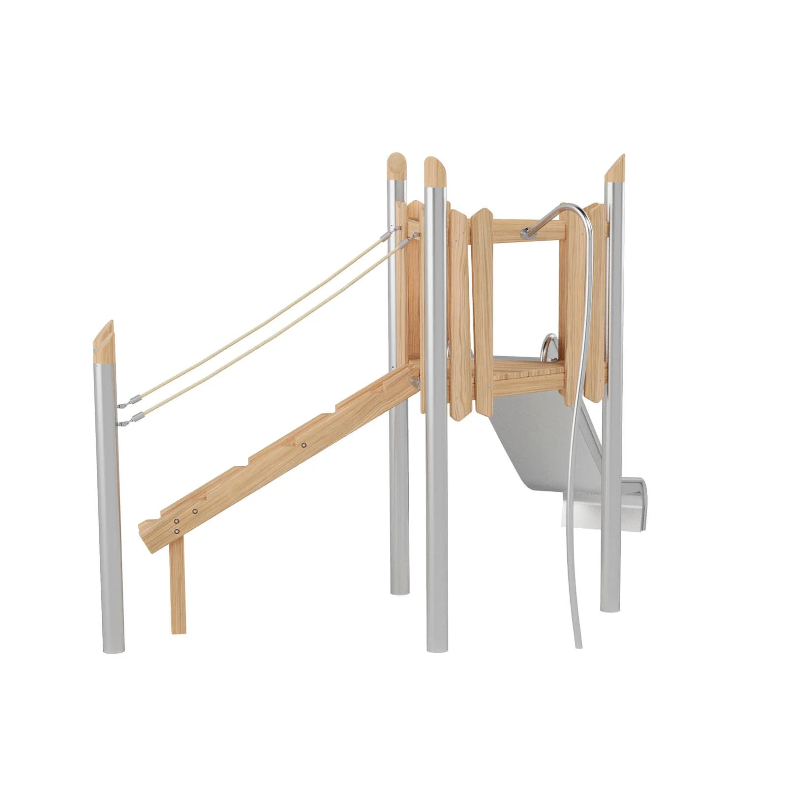 Robinio 107 playground structure for public spaces, ages 3–14, with climbing elements and stainless steel slide, compact design, EN 1176 compliant.