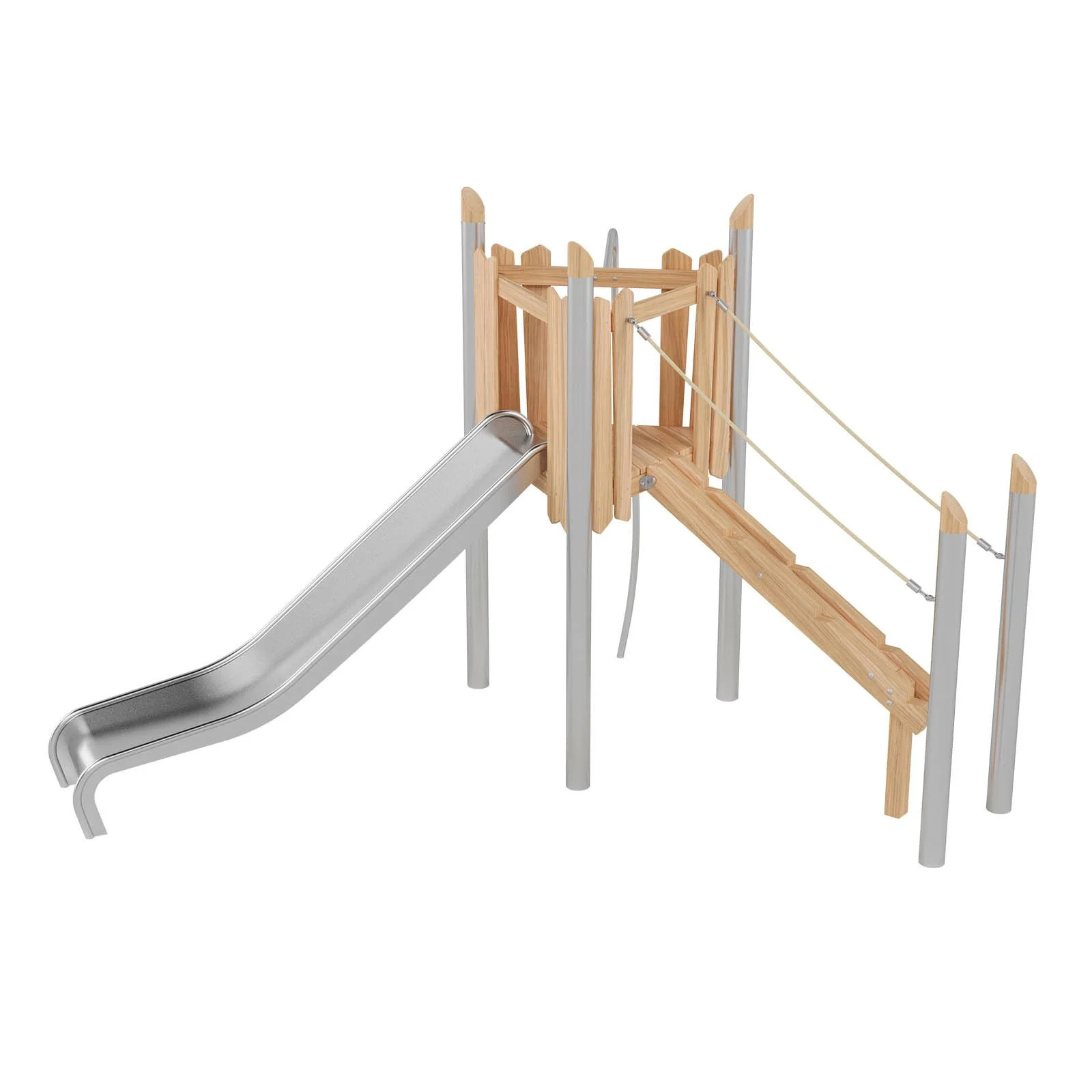 Robinio 107 playground structure for public spaces, ages 3–14, with climbing elements and stainless steel slide, compact design, EN 1176 compliant.