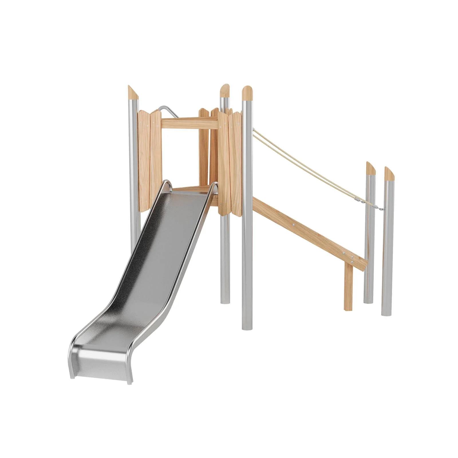 Robinio 107 playground structure for public spaces, ages 3–14, with climbing elements and stainless steel slide, compact design, EN 1176 compliant.
