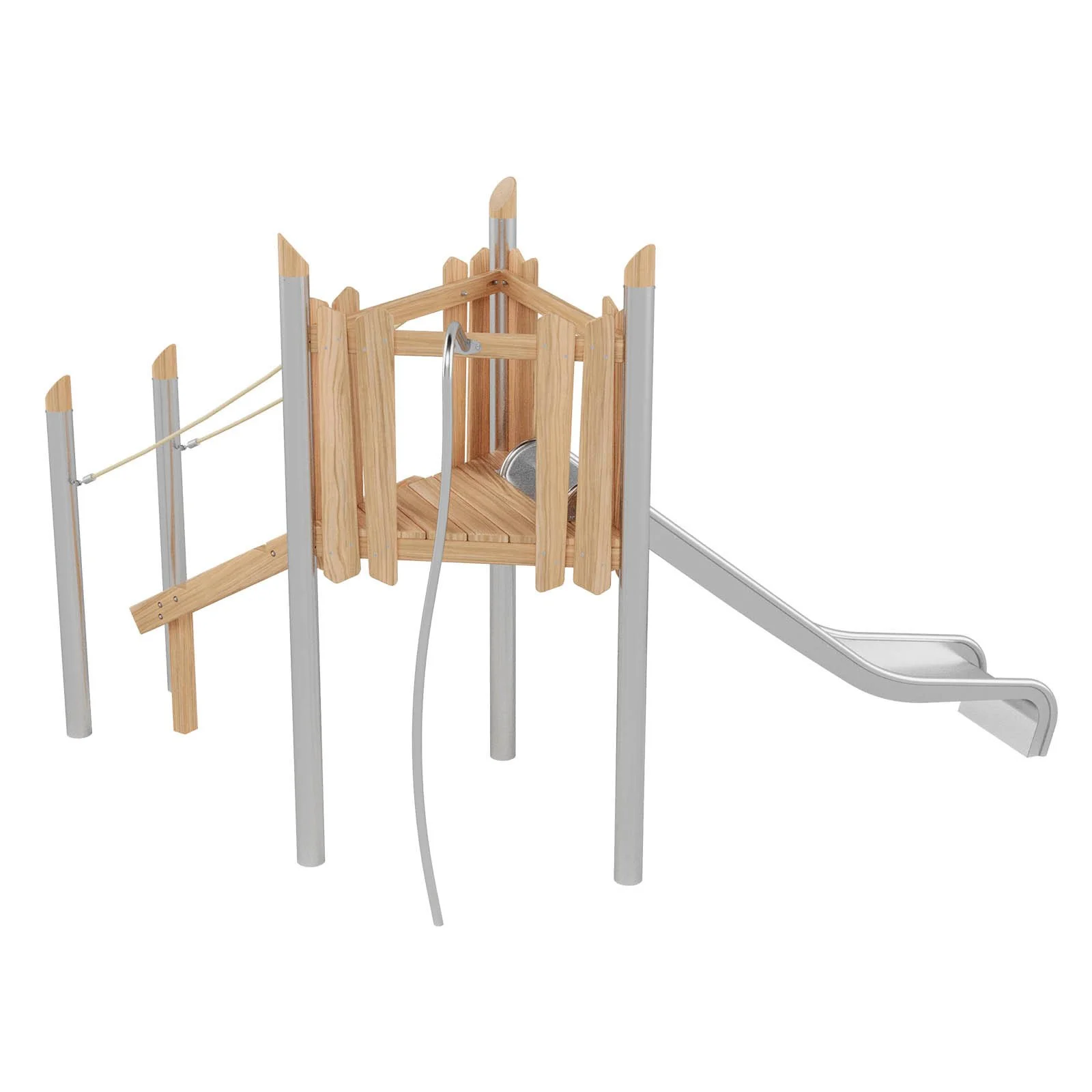 Robinio 107 playground structure for public spaces, ages 3–14, with climbing elements and stainless steel slide, compact design, EN 1176 compliant.