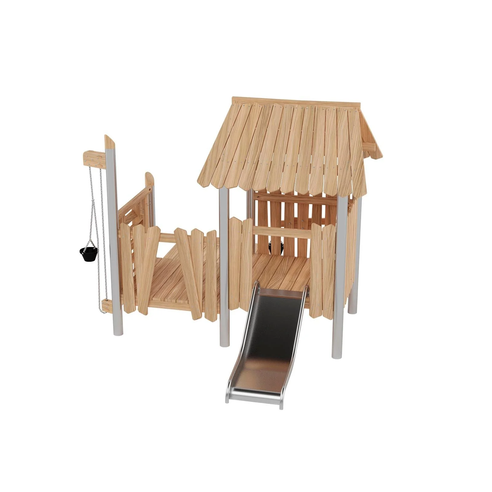 Compact roofed playground set with slide for young children, designed for public outdoor areas and compliant with EN 1176 safety standards.