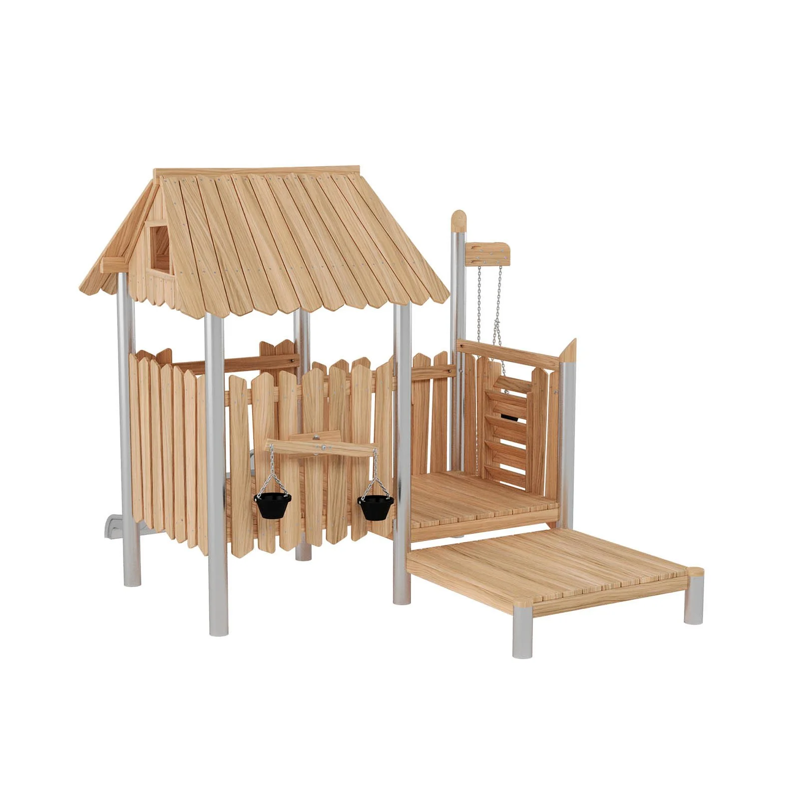 Compact roofed playground set with slide for young children, designed for public outdoor areas and compliant with EN 1176 safety standards.