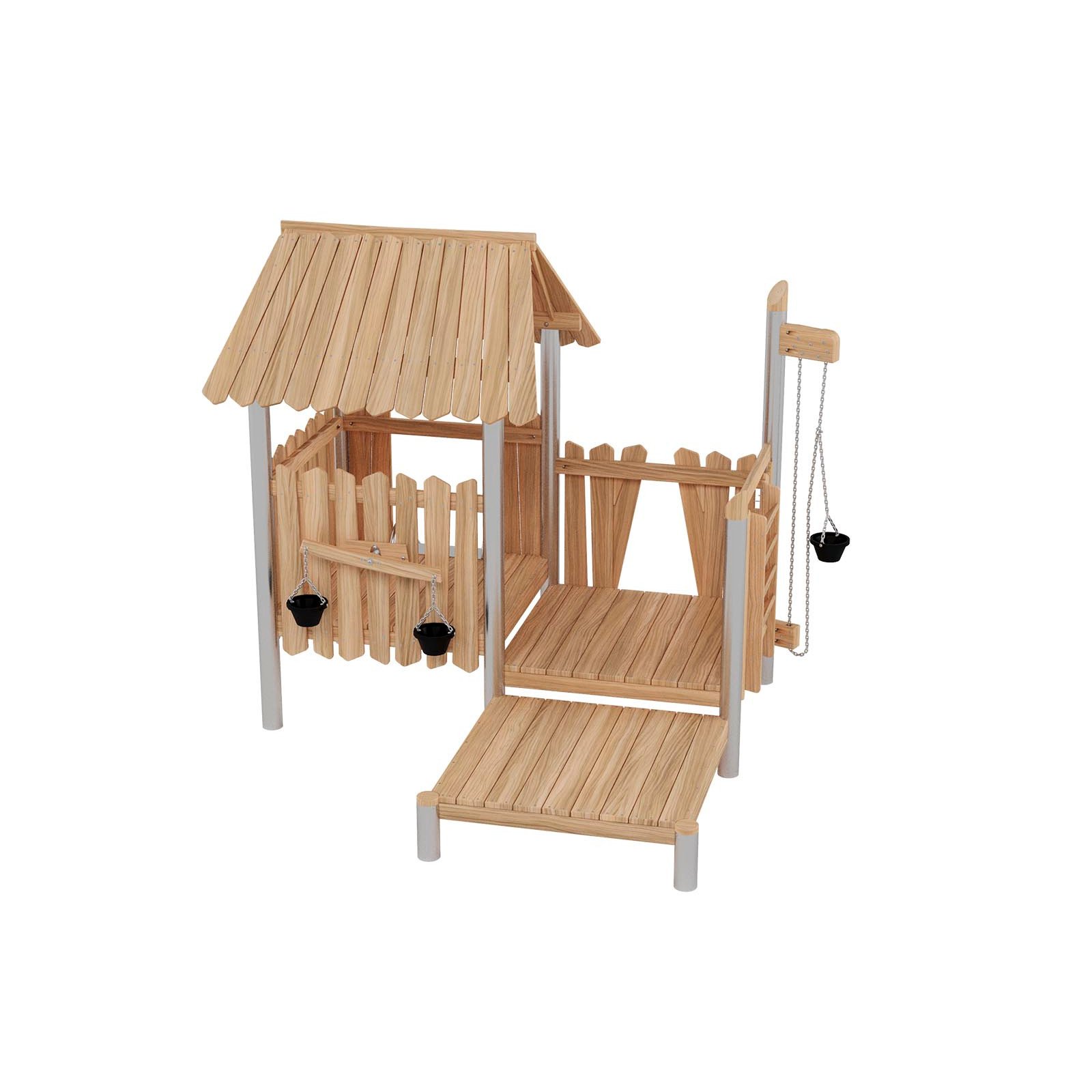 Compact roofed playground set with slide for young children, designed for public outdoor areas and compliant with EN 1176 safety standards.
