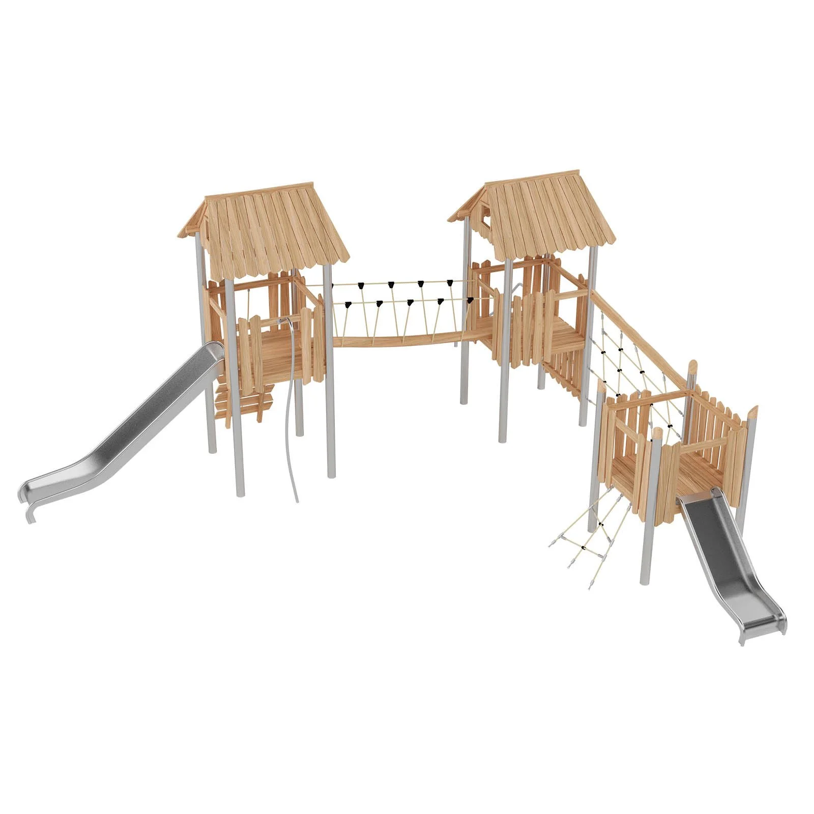 Robinio 306 playground structure for public spaces, ages 3–14, with dual slides, climbing and rope elements, roofed platforms, durable materials, EN 1176 compliant.
