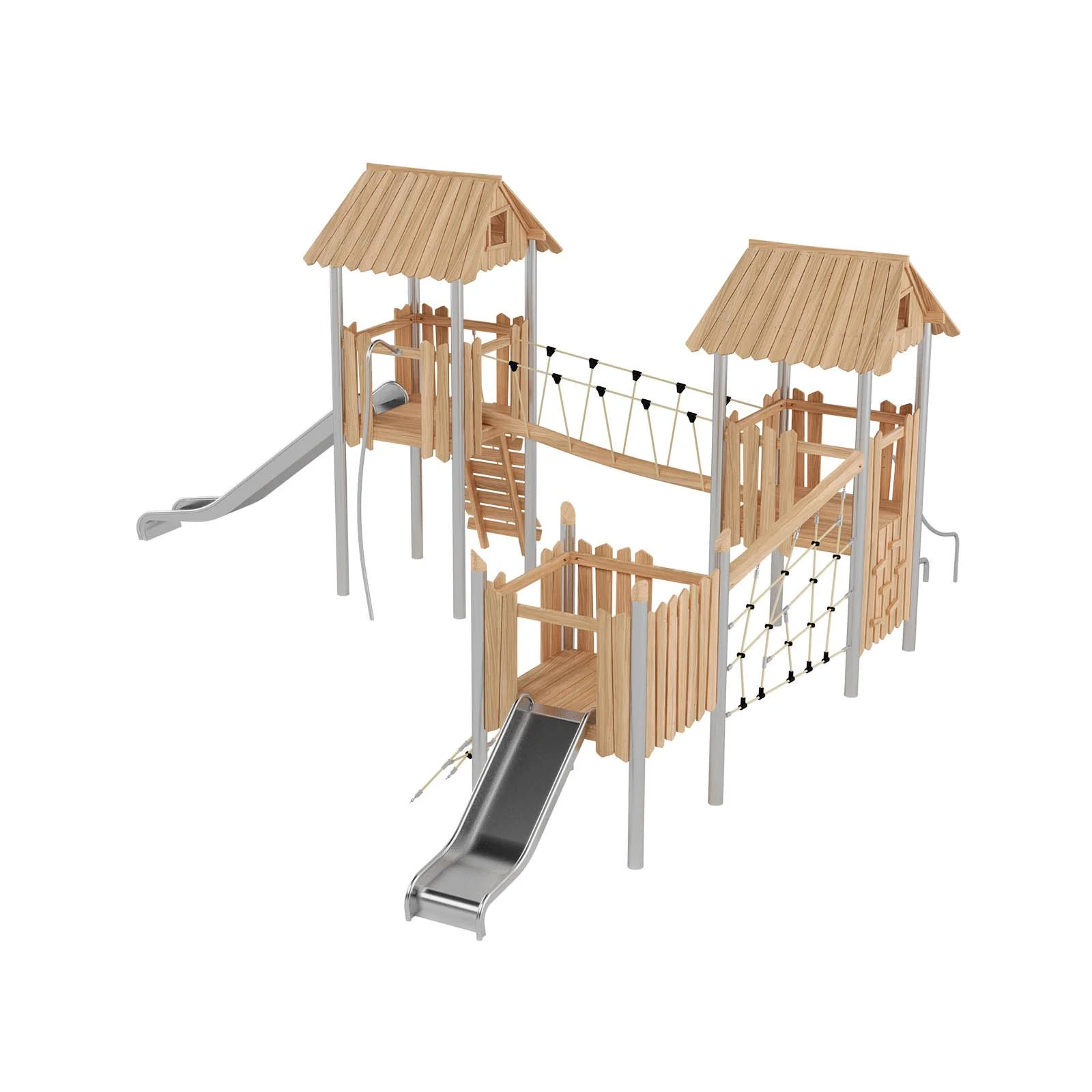 Robinio 306 playground structure for public spaces, ages 3–14, with dual slides, climbing and rope elements, roofed platforms, durable materials, EN 1176 compliant.