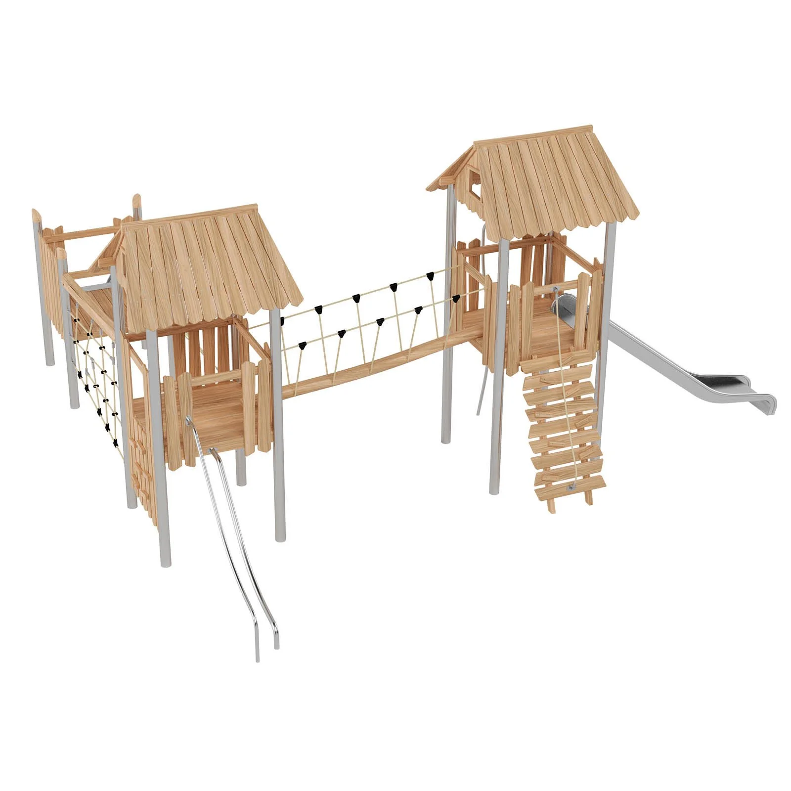 Robinio 306 playground structure for public spaces, ages 3–14, with dual slides, climbing and rope elements, roofed platforms, durable materials, EN 1176 compliant.
