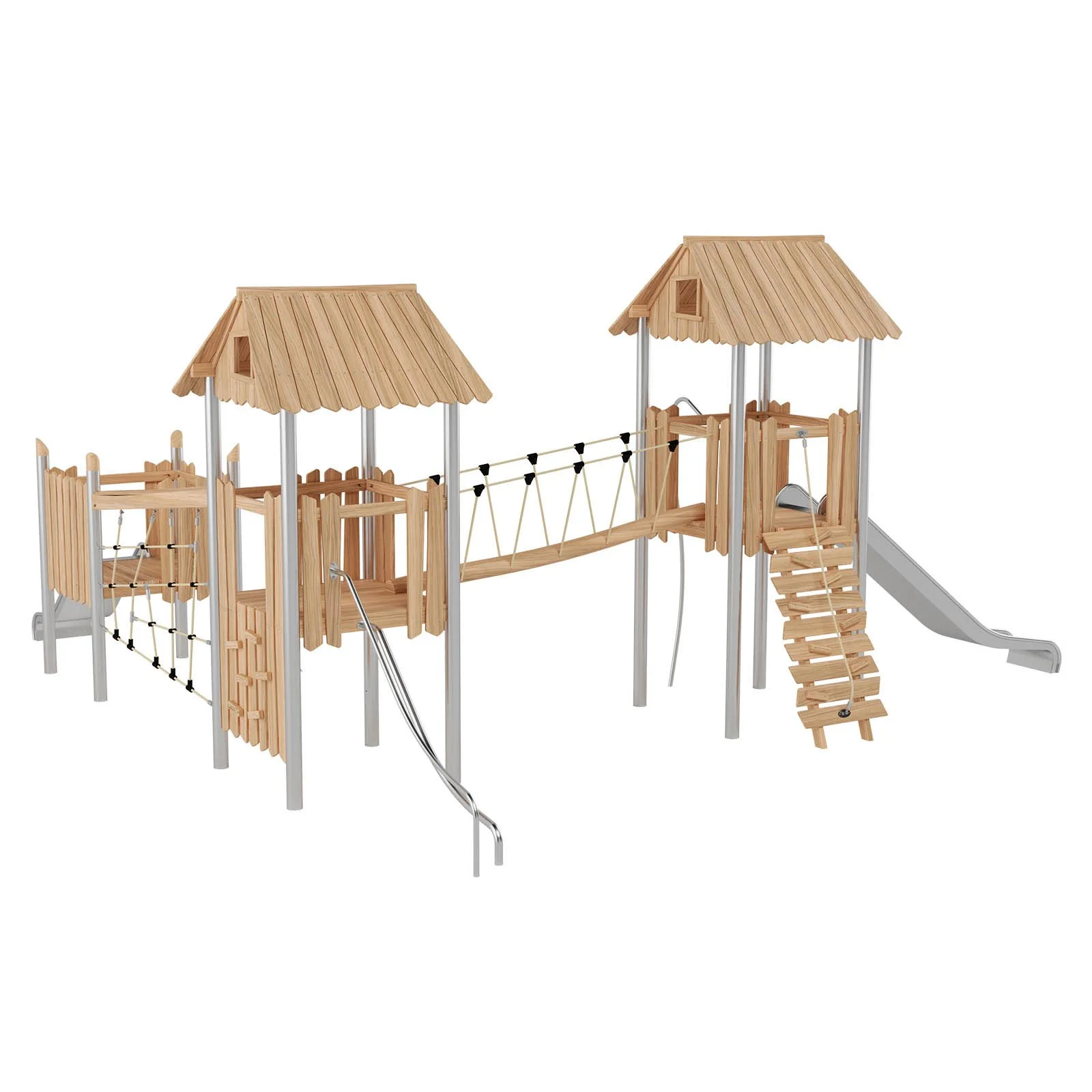 Robinio 306 playground structure for public spaces, ages 3–14, with dual slides, climbing and rope elements, roofed platforms, durable materials, EN 1176 compliant.