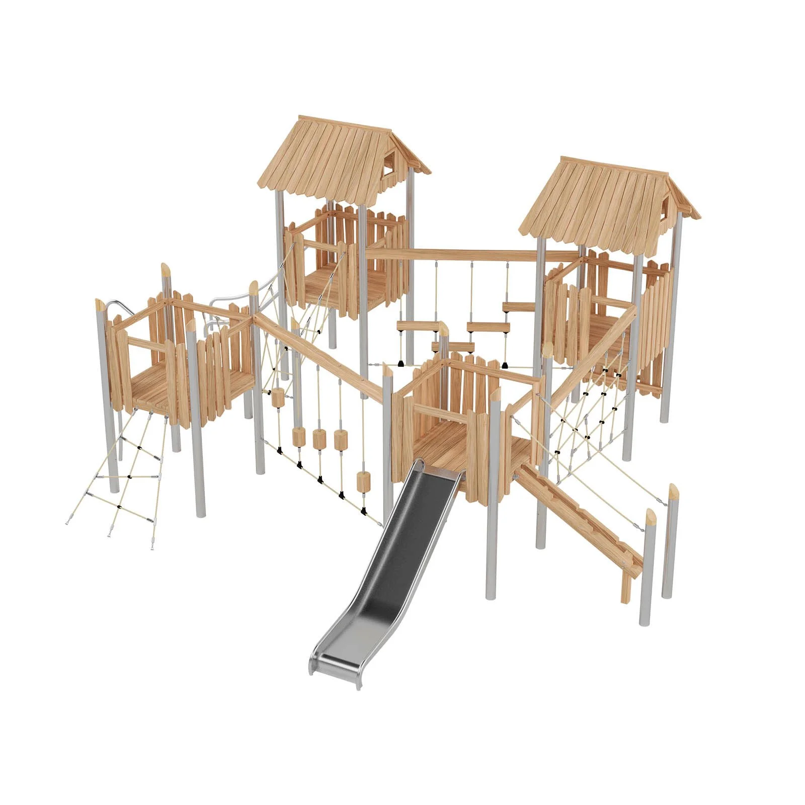Robinio 401 playground structure for public areas, ages 3–14, supports large group play with slides, rope elements and roofed platforms, EN 1176 compliant.