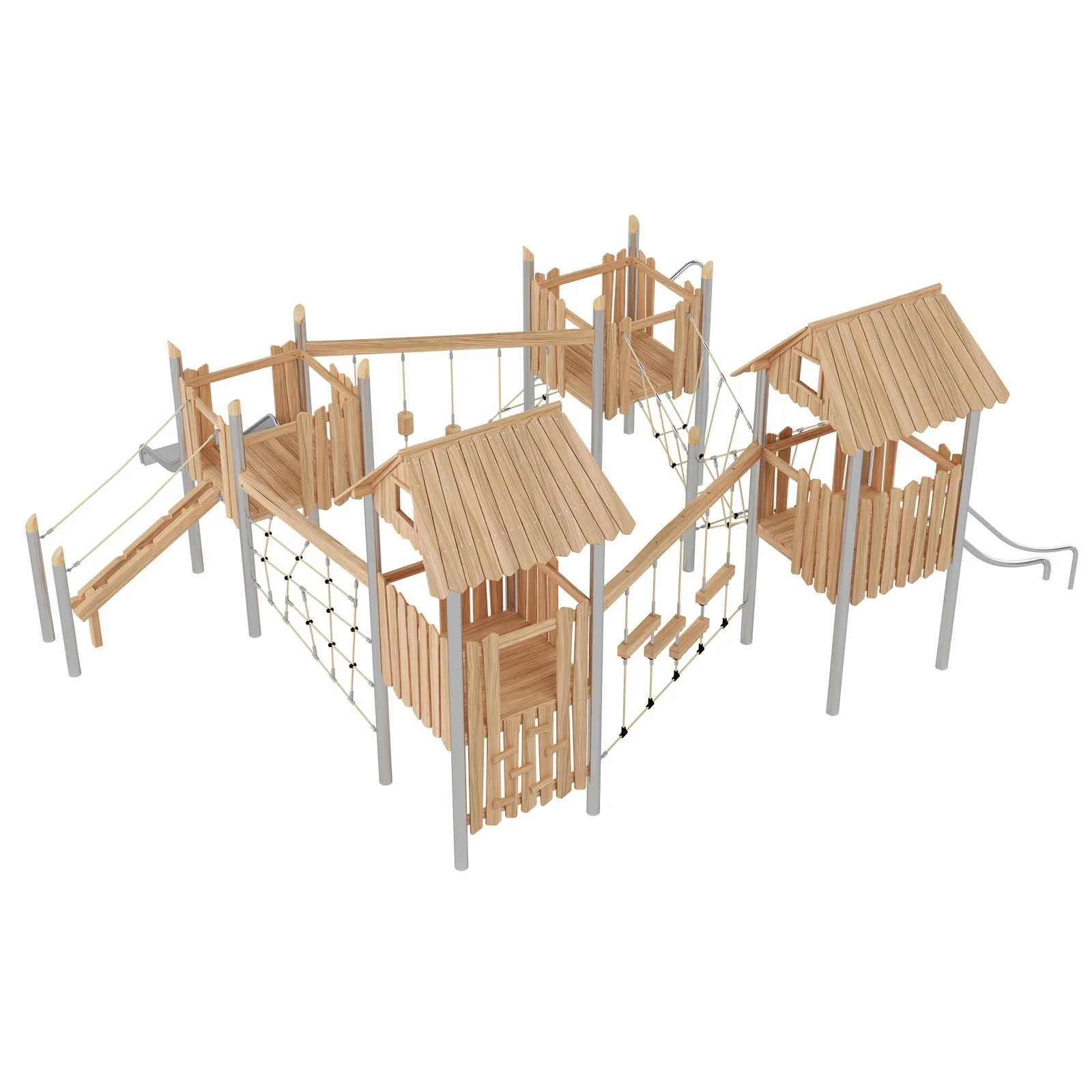 Robinio 401 playground structure for public areas, ages 3–14, supports large group play with slides, rope elements and roofed platforms, EN 1176 compliant.