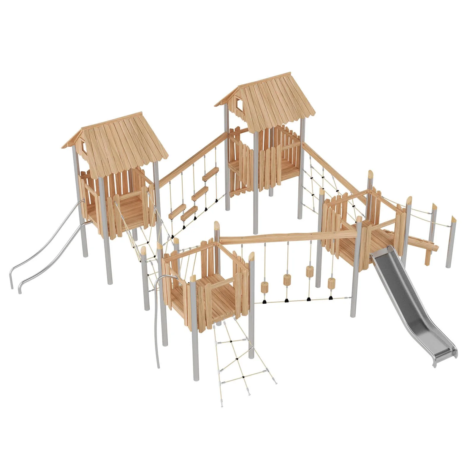 Robinio 401 playground structure for public areas, ages 3–14, supports large group play with slides, rope elements and roofed platforms, EN 1176 compliant.