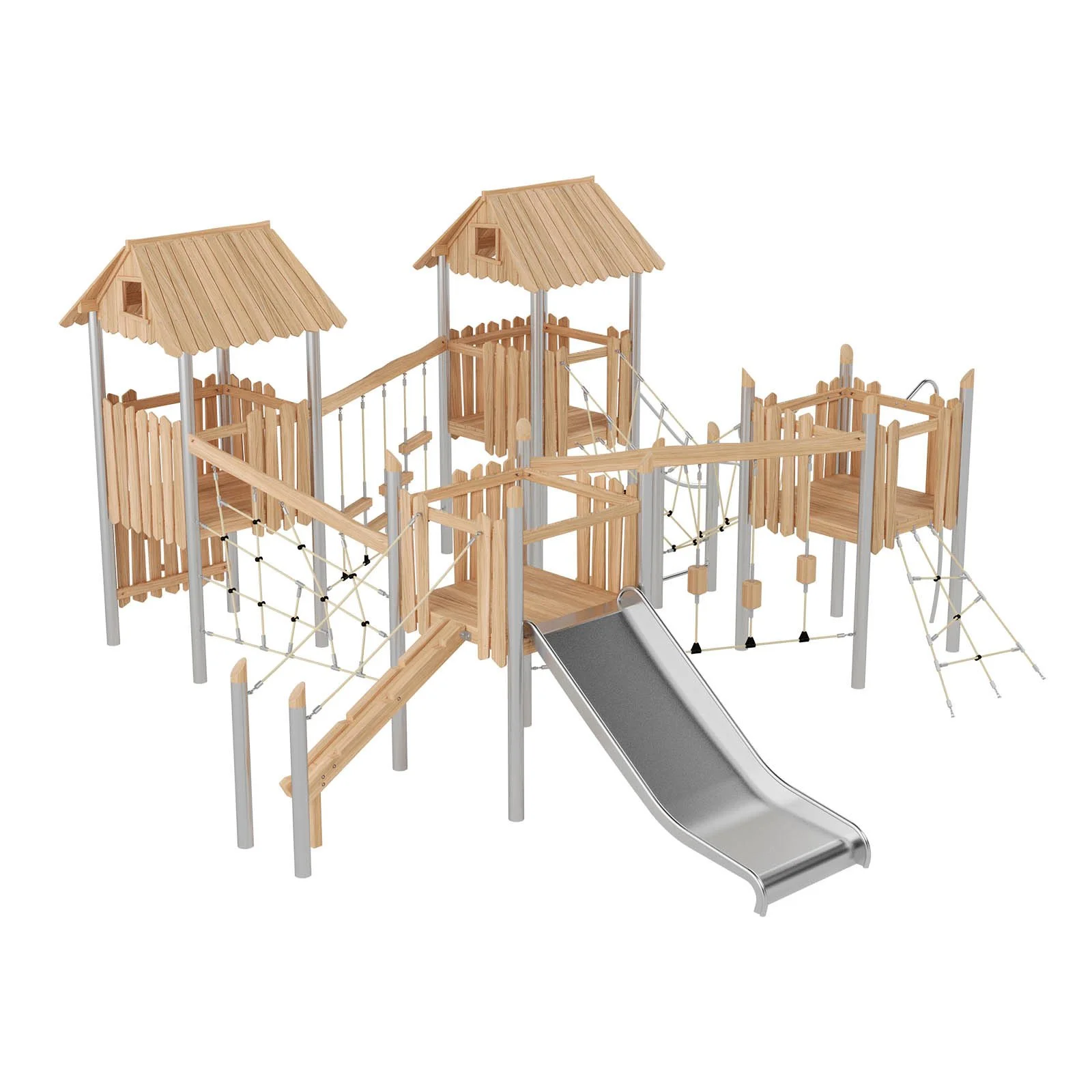 Robinio 403 playground structure for public areas, ages 3–14, with slides, rope elements and roofed platforms, designed for high-capacity play and EN 1176 compliance.