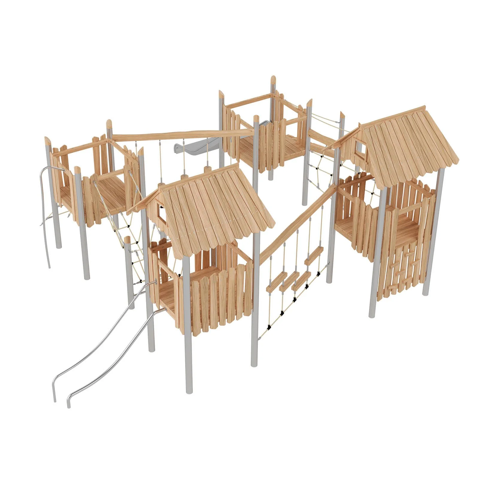 Robinio 403 playground structure for public areas, ages 3–14, with slides, rope elements and roofed platforms, designed for high-capacity play and EN 1176 compliance.