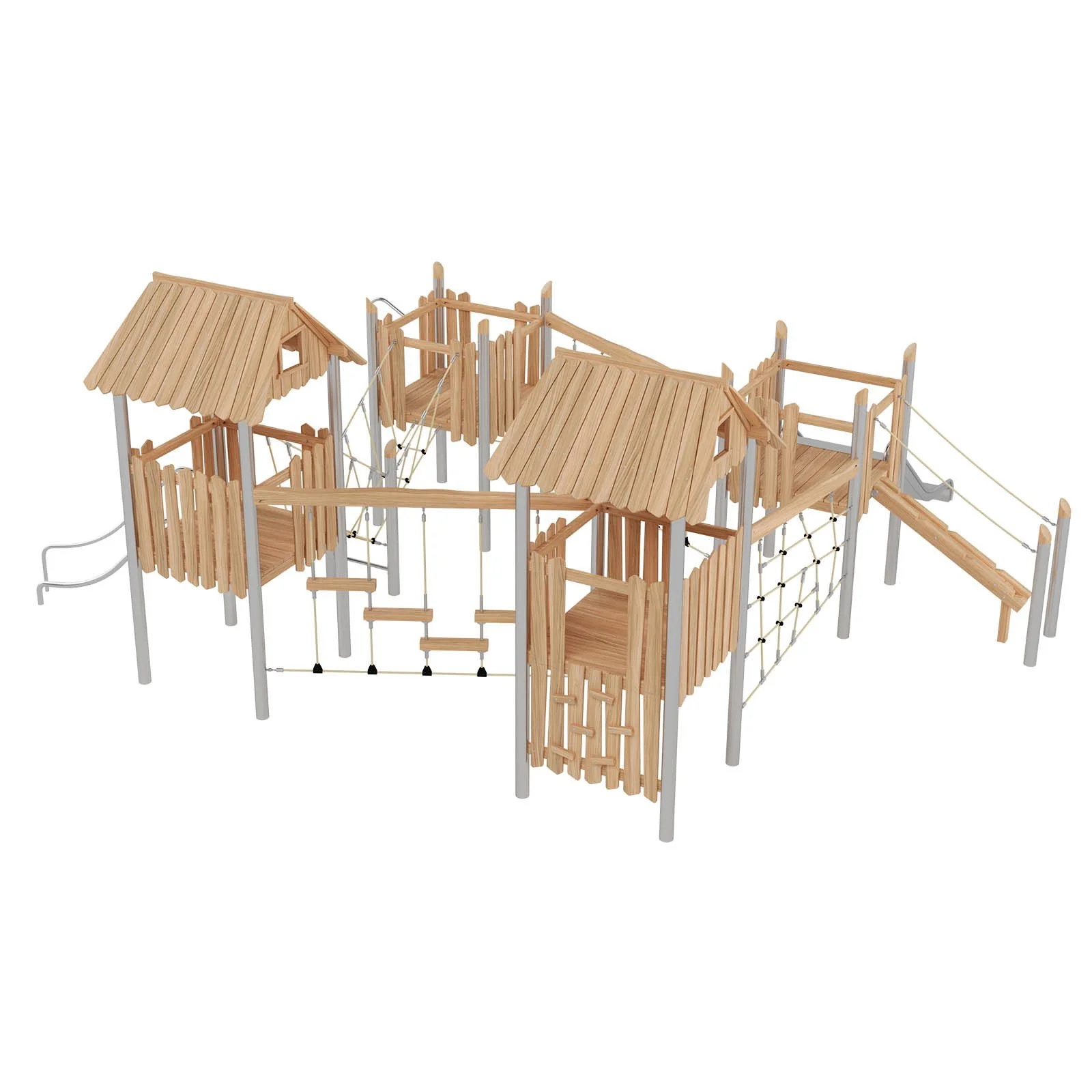 Robinio 403 playground structure for public areas, ages 3–14, with slides, rope elements and roofed platforms, designed for high-capacity play and EN 1176 compliance.