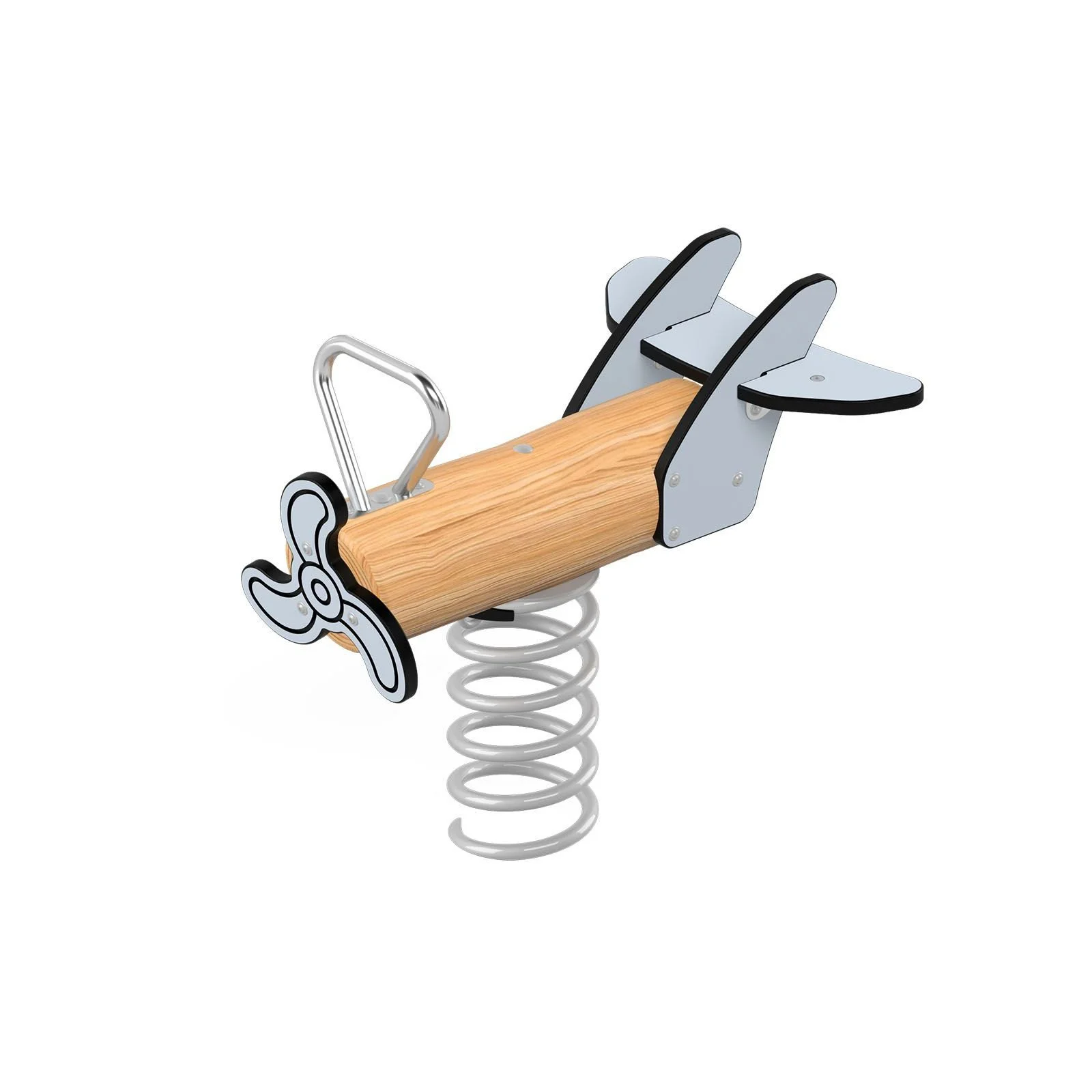 Robinio Plane spring rocker with metal base for children aged 1–12, designed for public playgrounds, supporting balance and coordination, EN 1176 compliant.