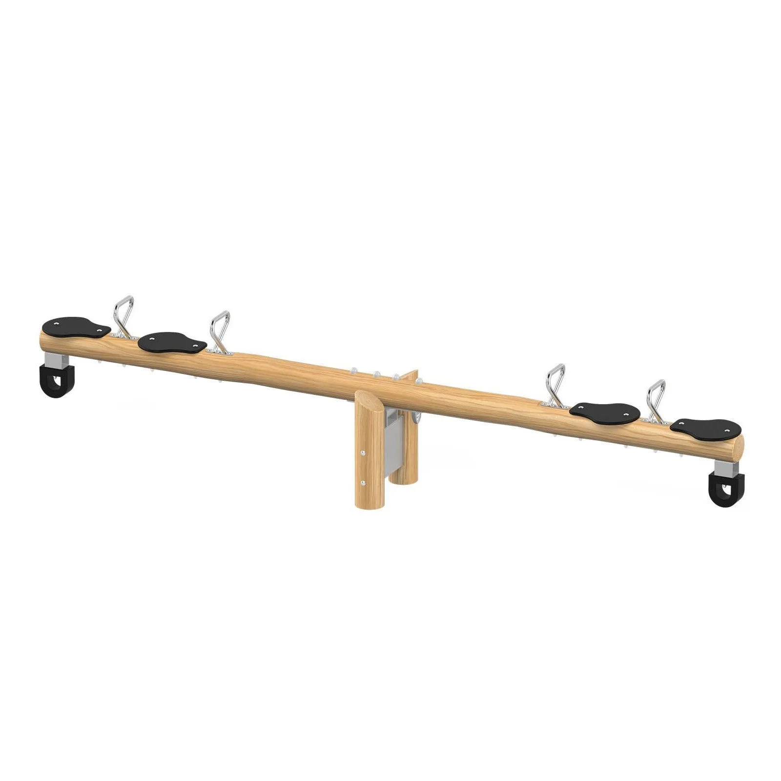 Durable double seesaw made of black locust wood for public playgrounds, supporting balance, coordination, and safe shared play in outdoor areas.
