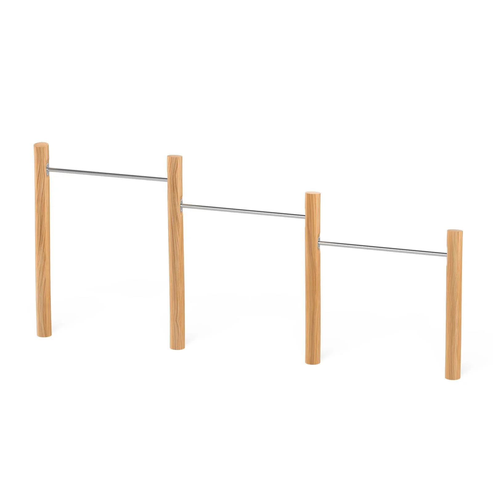 Robinio triple gymnastic bars made of robinia wood for children aged 3–14, designed for public playgrounds and parks, supporting strength, coordination, and active play.