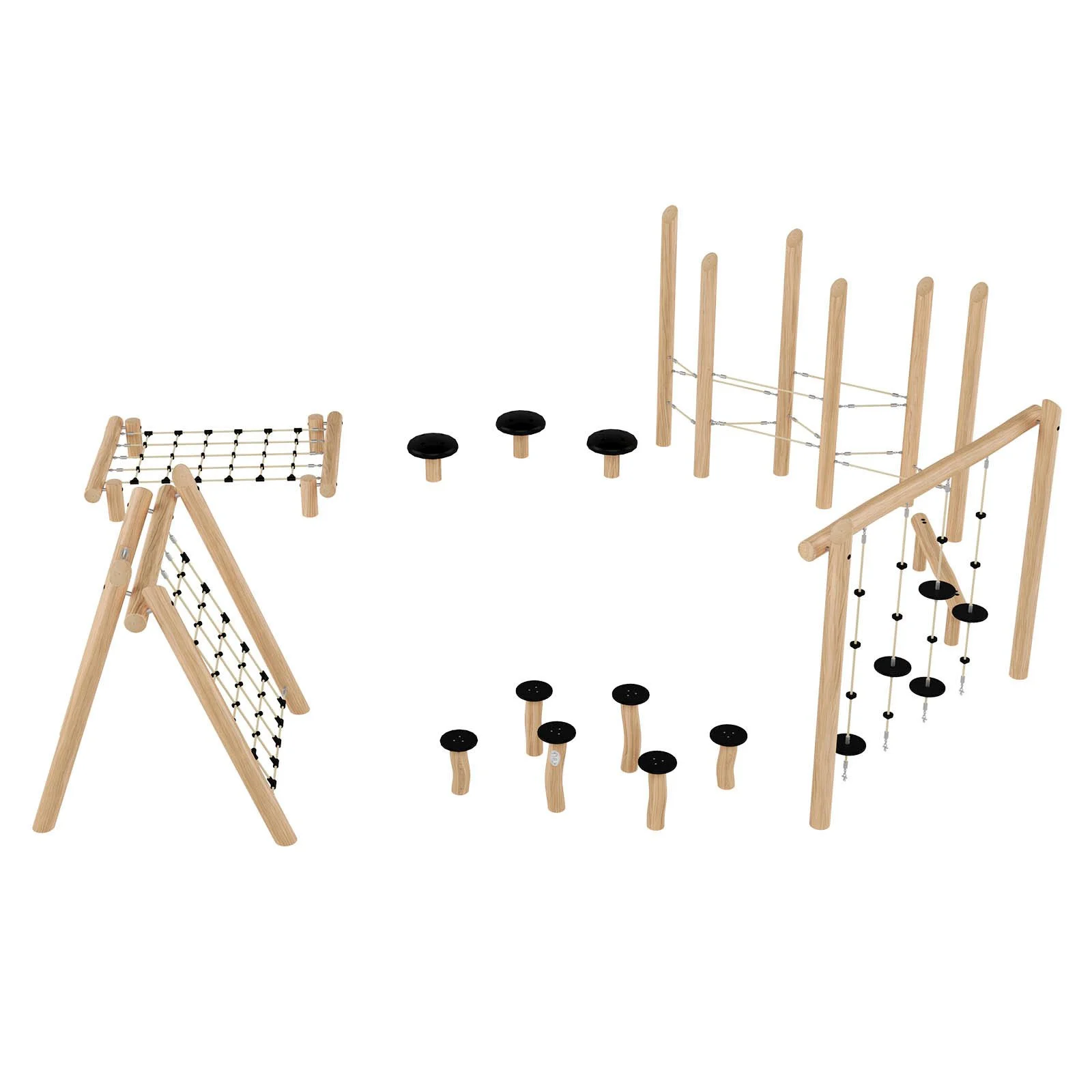 Large Robinio obstacle course for children aged 3–14, designed for public playgrounds, supporting balance, coordination, endurance, and group play, EN 1176 compliant.