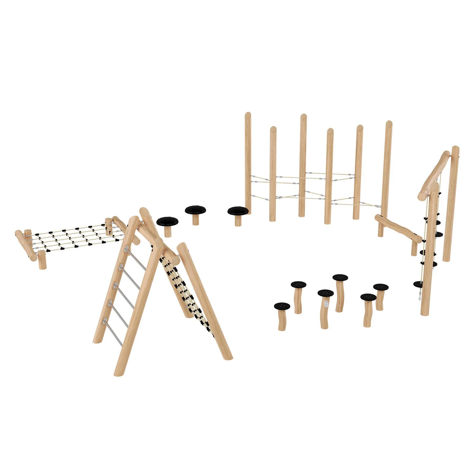 Large Robinio obstacle course for children aged 3–14, designed for public playgrounds, supporting balance, coordination, endurance, and group play, EN 1176 compliant.