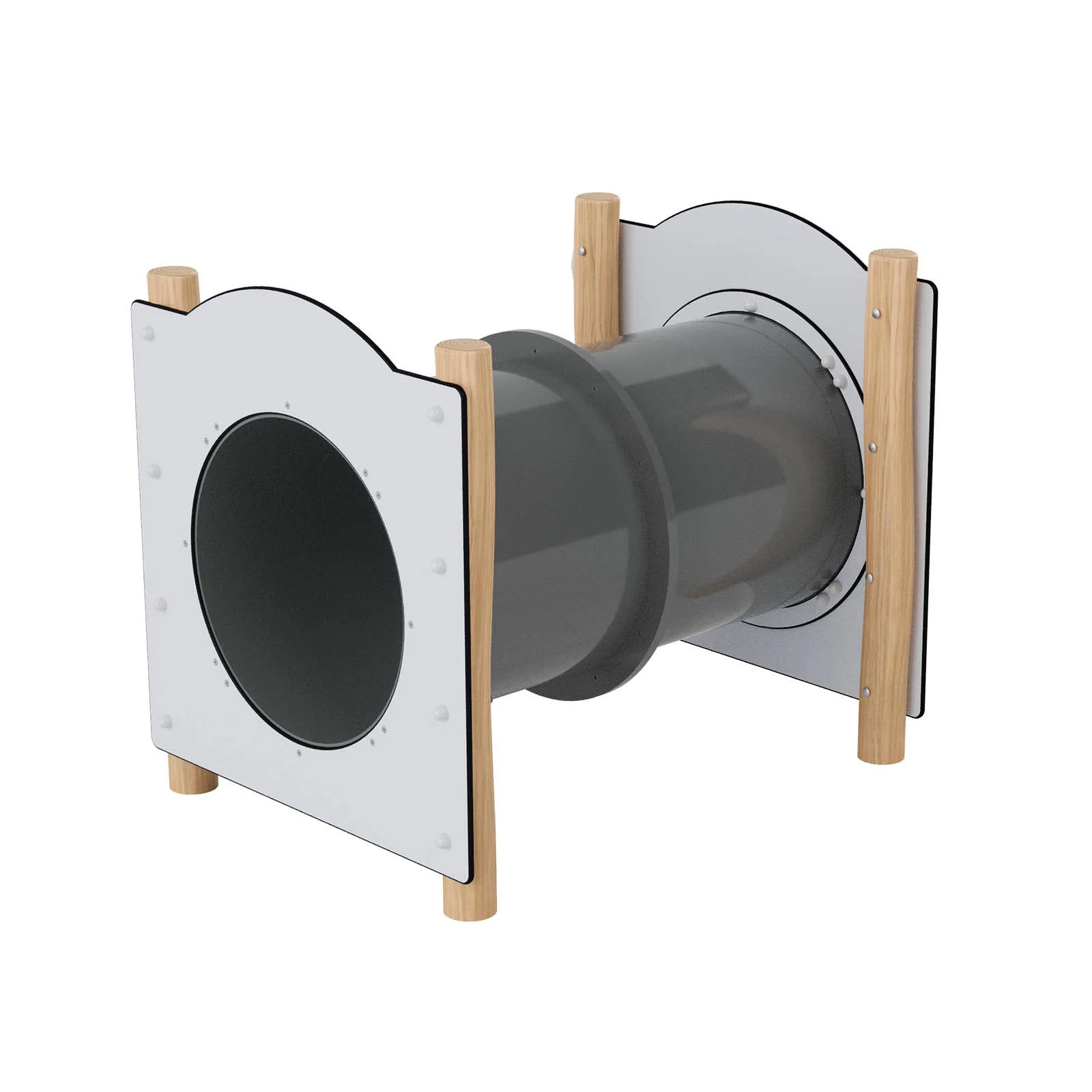 Wooden playground tunnel made of acacia wood and HDPE panels, designed for children aged 3–14 for crawling, movement, and shared play in public spaces.