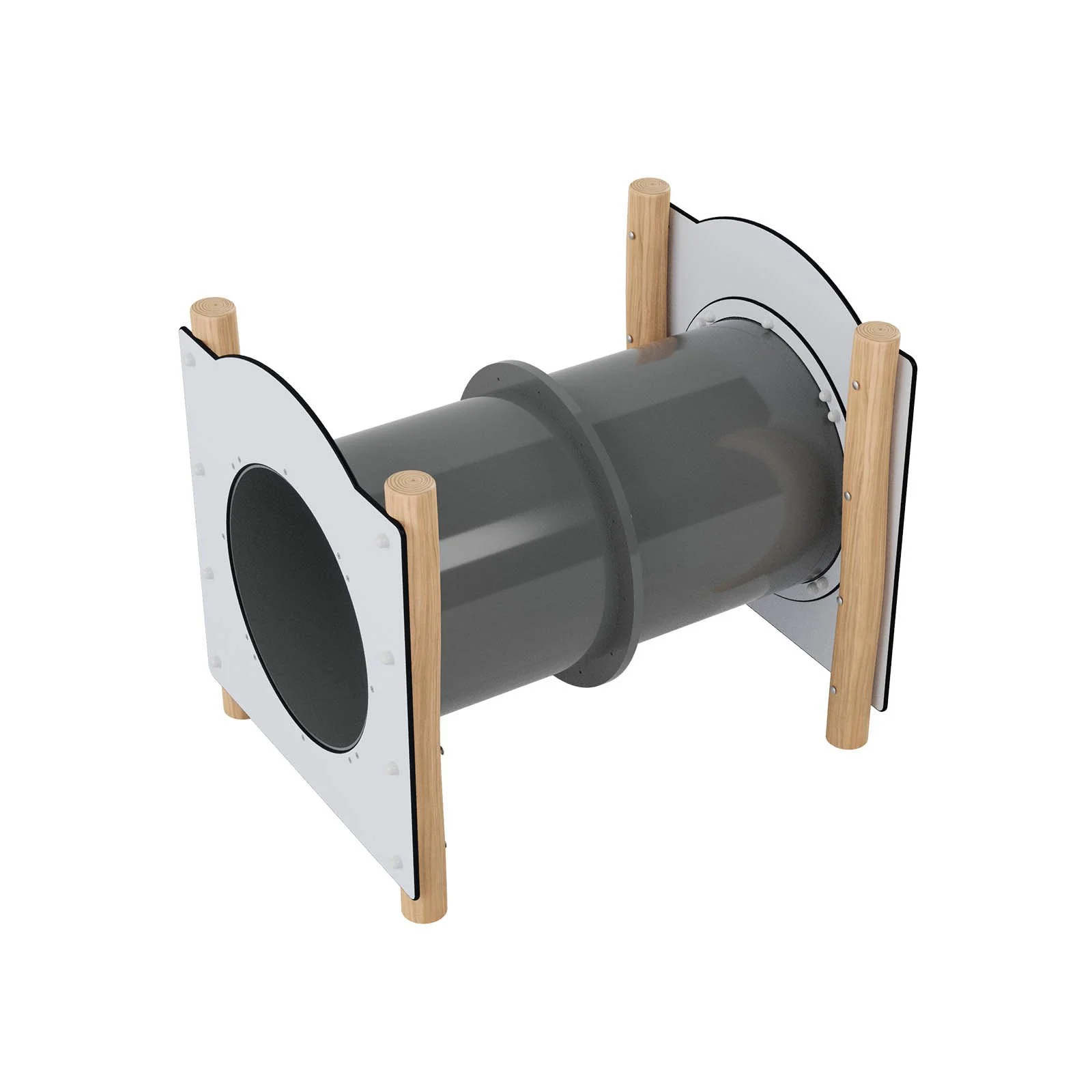 Wooden playground tunnel made of acacia wood and HDPE panels, designed for children aged 3–14 for crawling, movement, and shared play in public spaces.