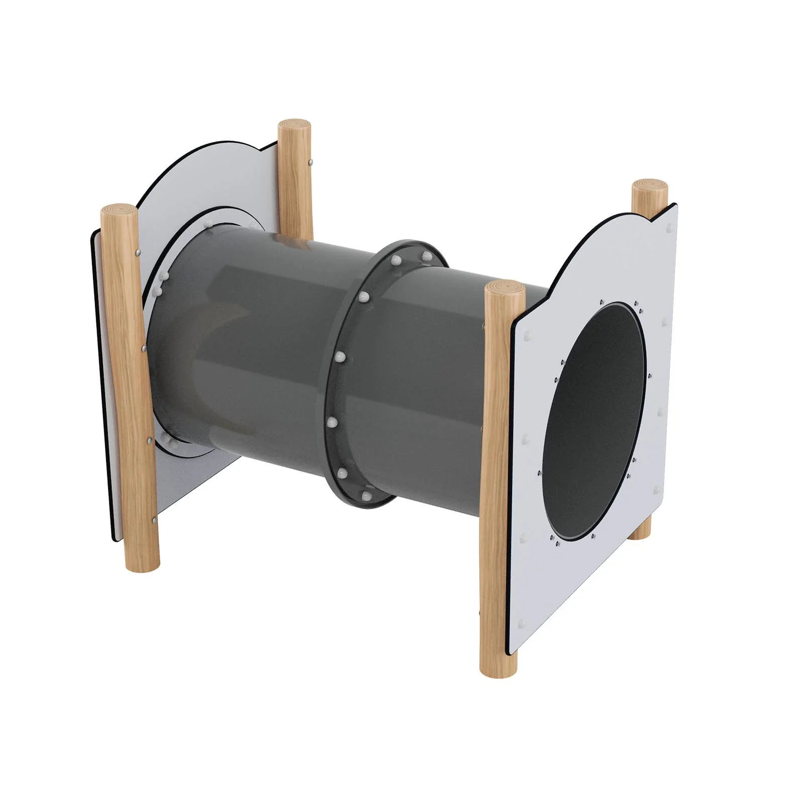 Wooden playground tunnel made of acacia wood and HDPE panels, designed for children aged 3–14 for crawling, movement, and shared play in public spaces.