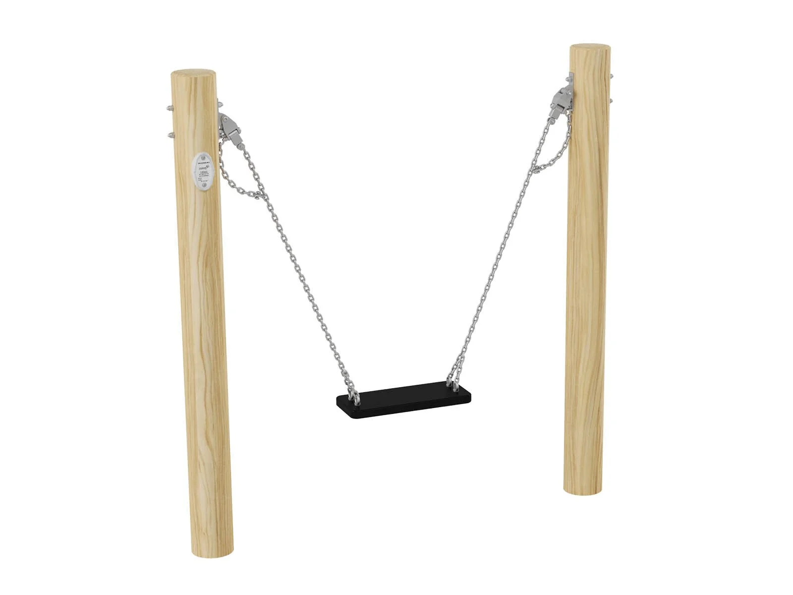 Single playground swing with straight seat, combining stainless steel posts and acacia wood, designed for children aged 3–14 in public outdoor play areas.
