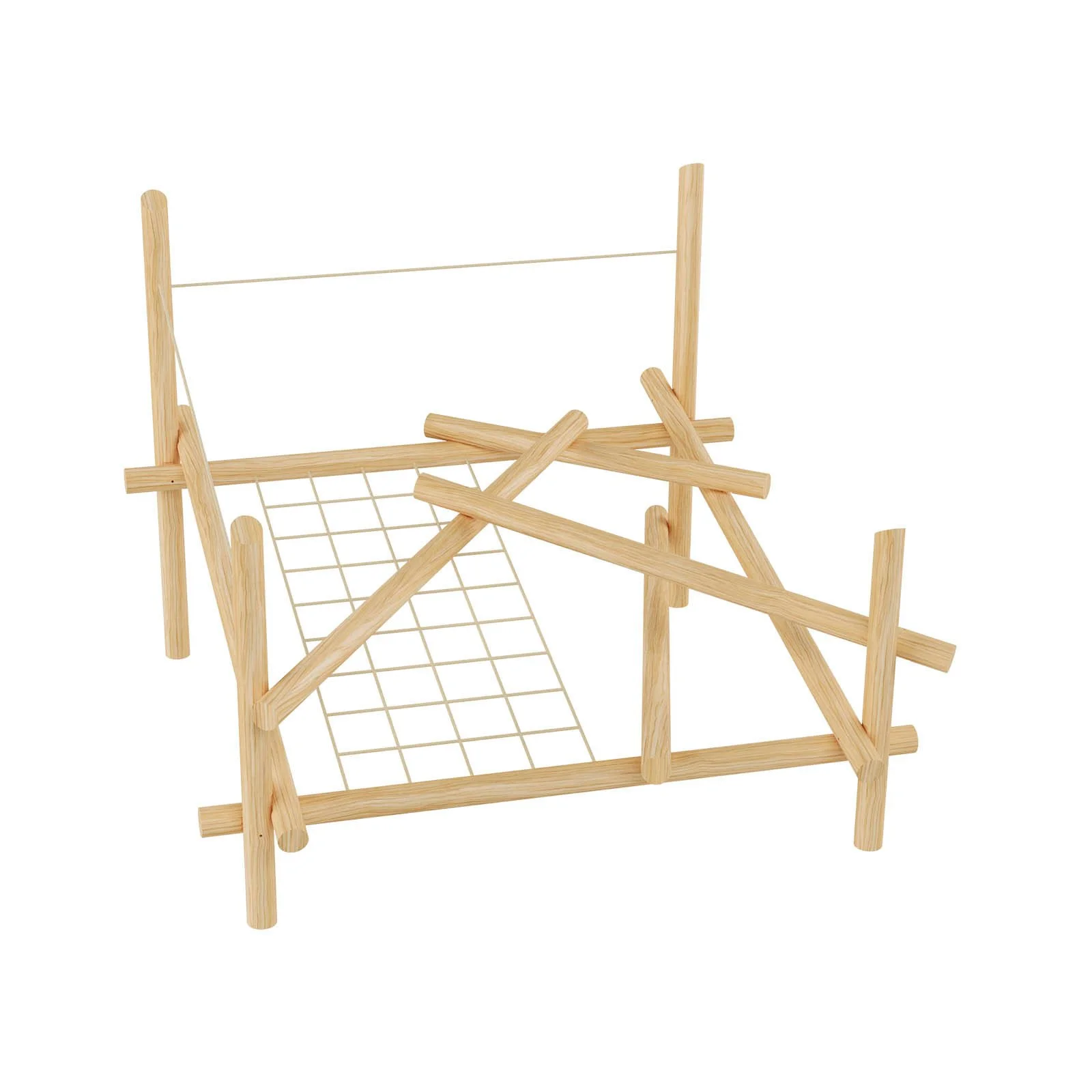 Wooden playground climbing structure made of robinia acacia wood and steel-core ropes, designed for children aged 3–14 for active group play in public spaces.
