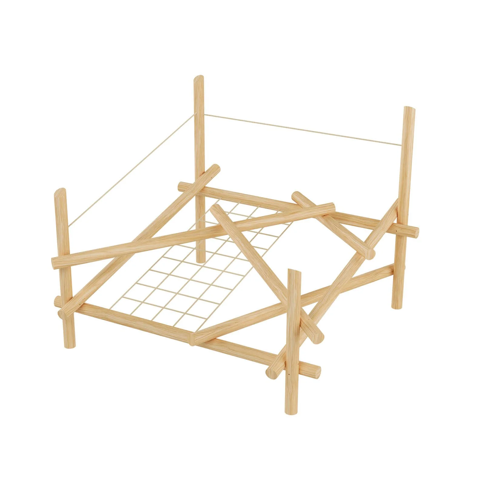 Wooden playground climbing structure made of robinia acacia wood and steel-core ropes, designed for children aged 3–14 for active group play in public spaces.