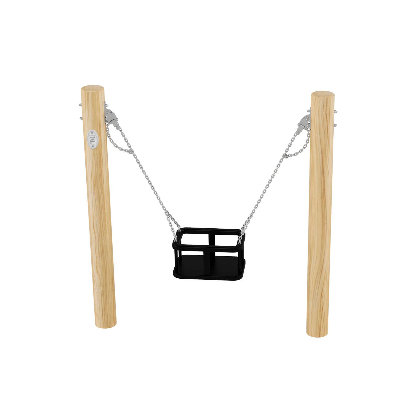 Single playground basket swing made of robinia acacia wood and stainless steel, designed for children aged 1–6 for safe swinging in public playgrounds.