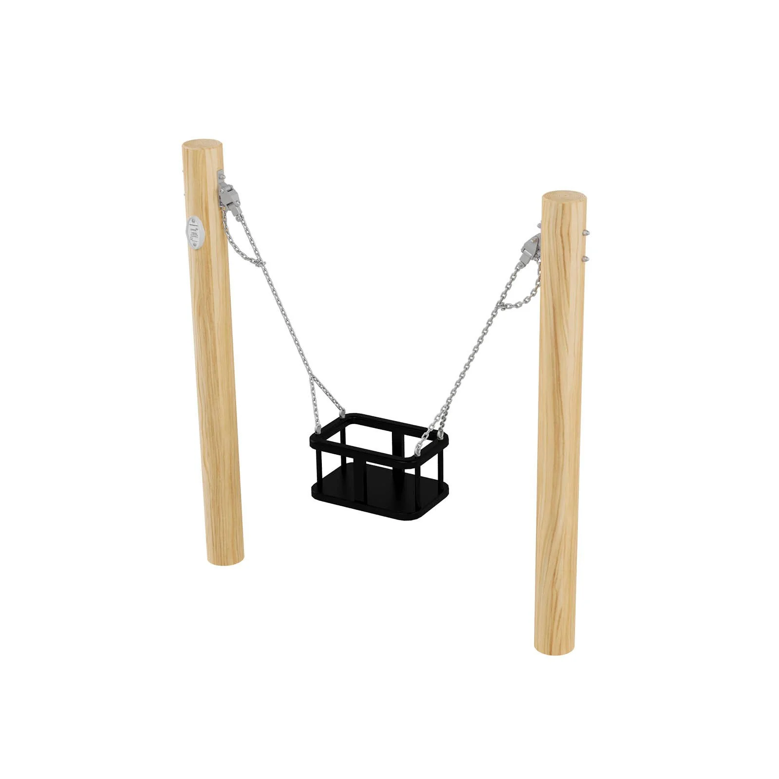 Single playground basket swing made of robinia acacia wood and stainless steel, designed for children aged 1–6 for safe swinging in public playgrounds.
