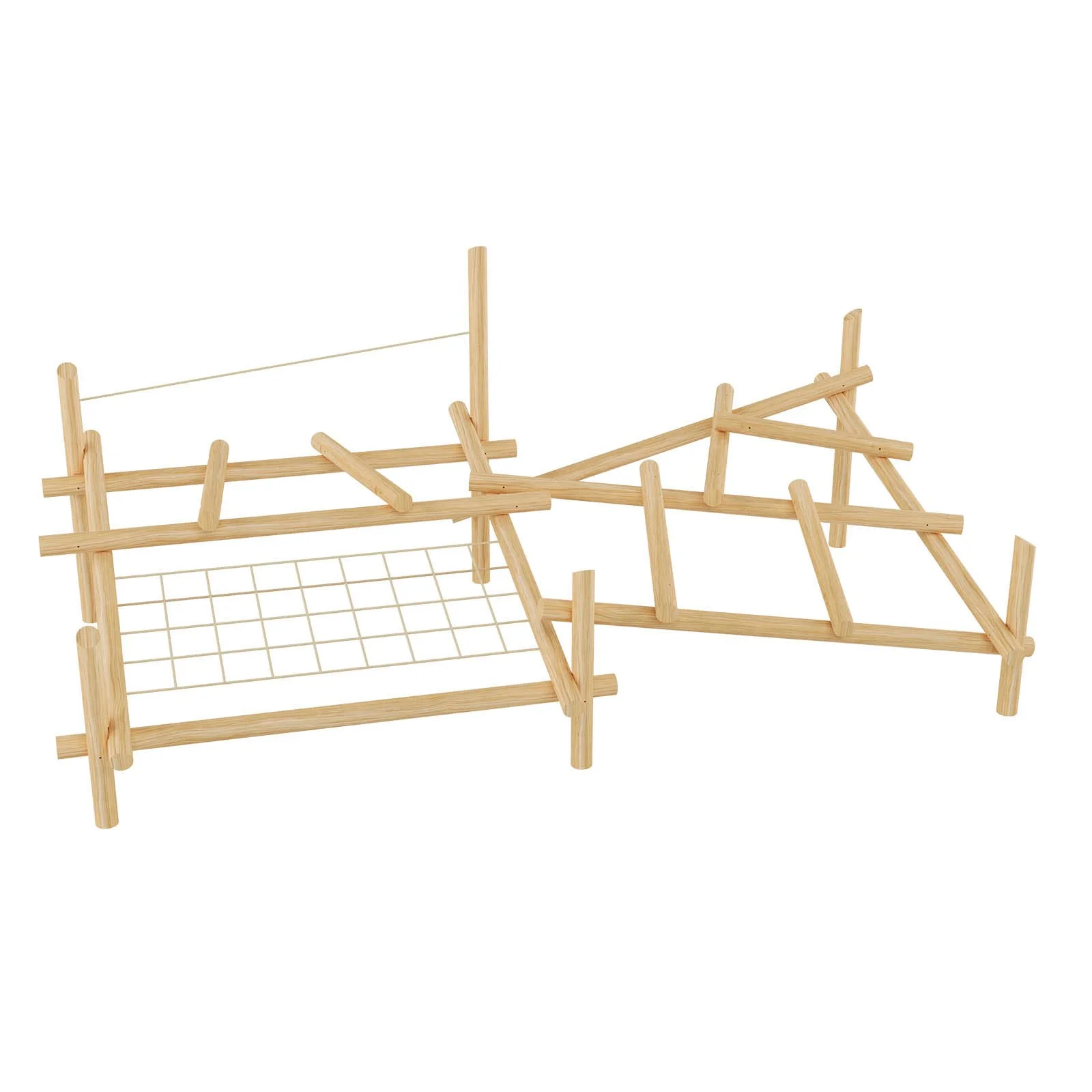 Large wooden playground climbing structure made of robinia acacia wood and steel-core ropes, designed for children aged 3–14 in public playgrounds.