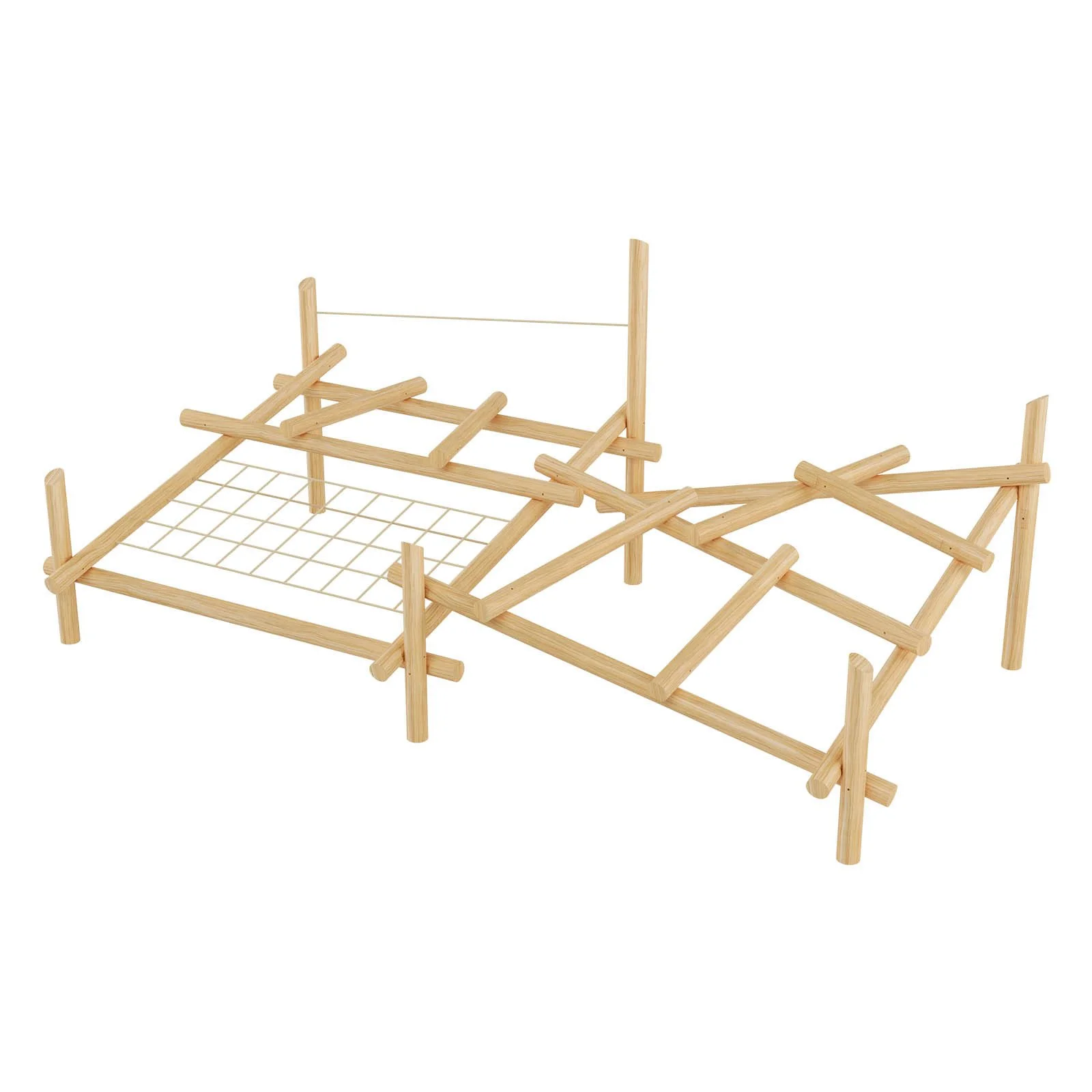 Large wooden playground climbing structure made of robinia acacia wood and steel-core ropes, designed for children aged 3–14 in public playgrounds.