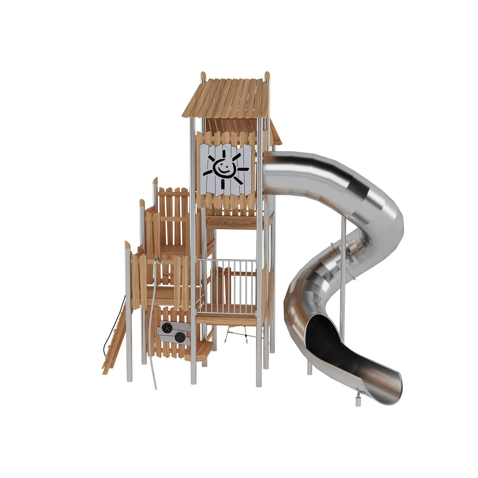 Large multi-level playground tower made of robinia acacia wood and stainless steel, designed for children aged 3–14 for active group play in public playgrounds.