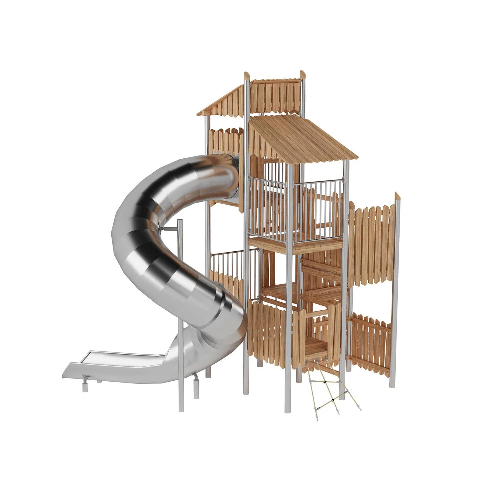 Large multi-level playground tower made of robinia acacia wood and stainless steel, designed for children aged 3–14 for active group play in public playgrounds.