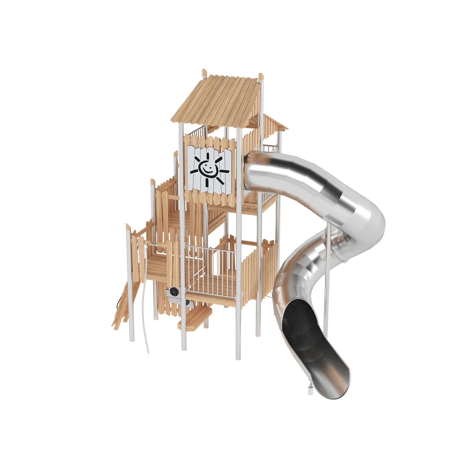 Large multi-level playground tower made of robinia acacia wood and stainless steel, designed for children aged 3–14 for active group play in public playgrounds.