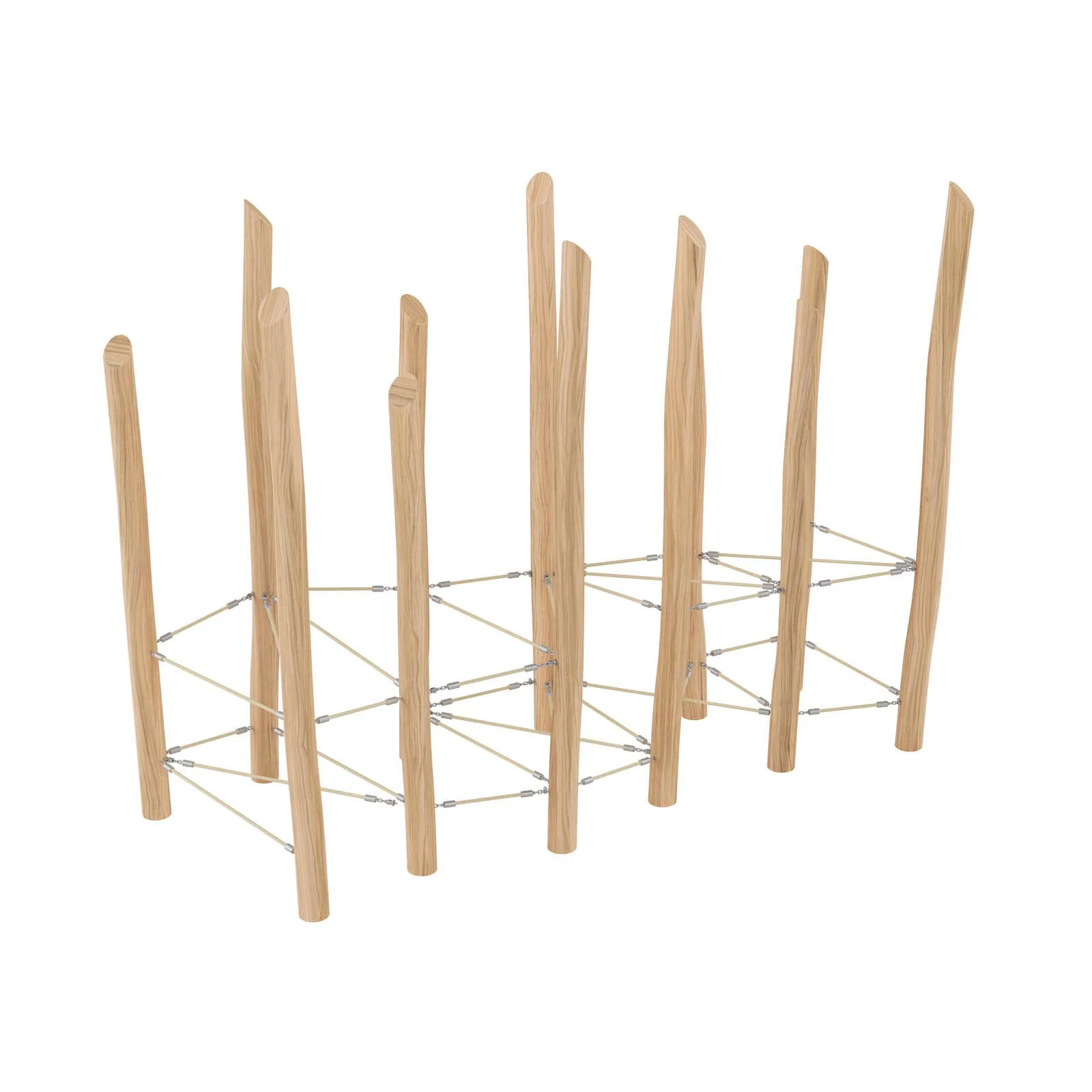 Wooden playground climbing net made of robinia acacia wood and steel-core ropes, designed for children aged 3–14 for active group play in public spaces.