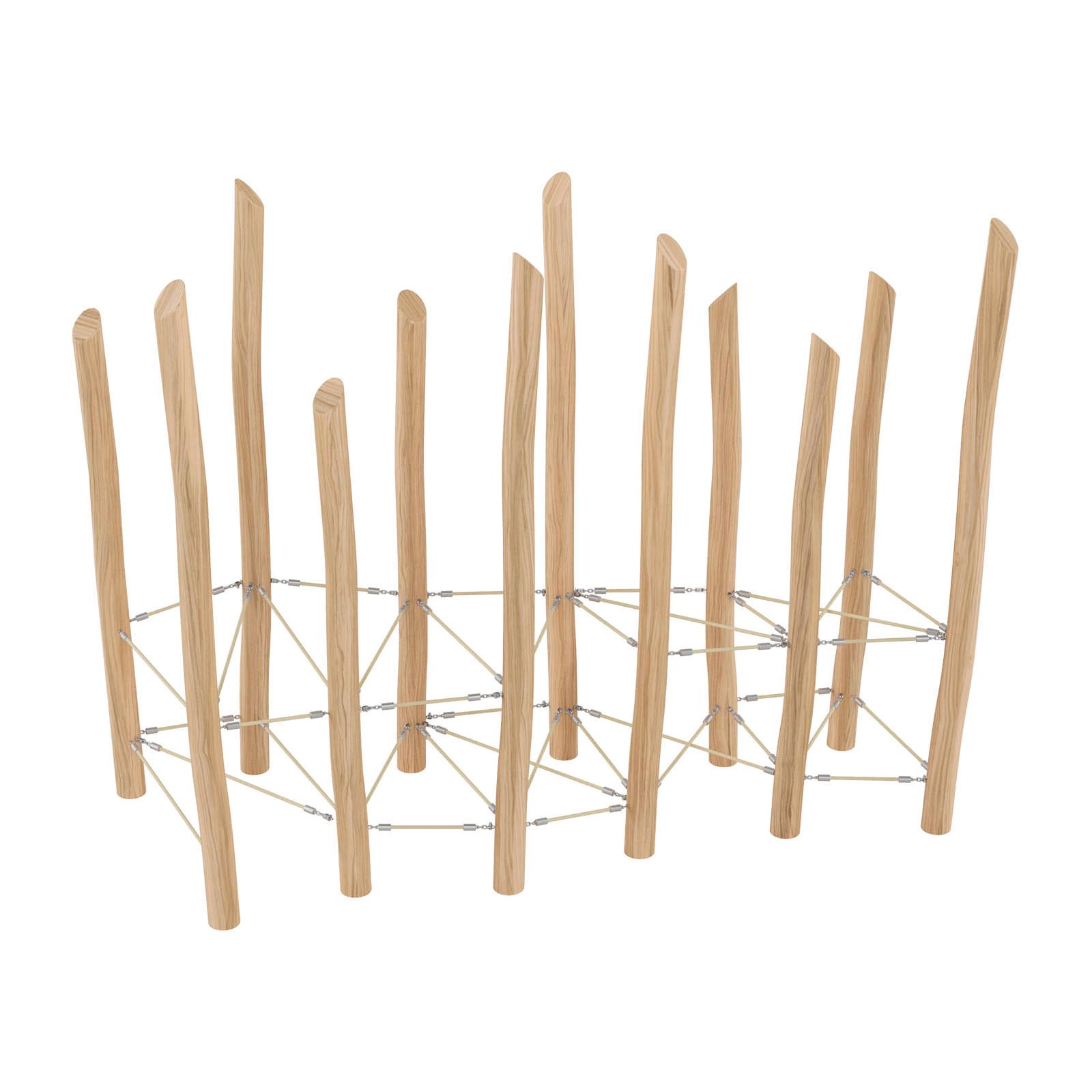 Wooden playground climbing net made of robinia acacia wood and steel-core ropes, designed for children aged 3–14 for active group play in public spaces.