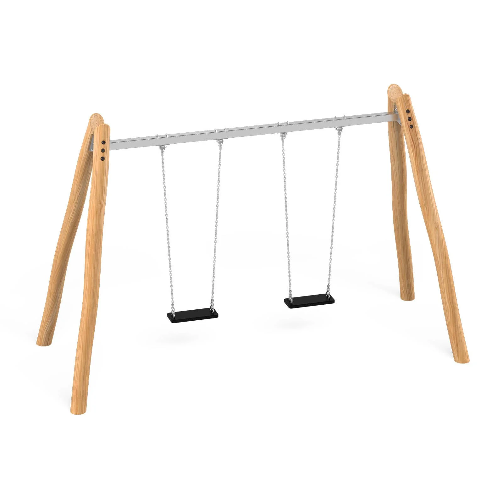 Wooden double playground swing frame made of robinia acacia wood and stainless steel, designed for children aged 3–14 in public outdoor playgrounds.
