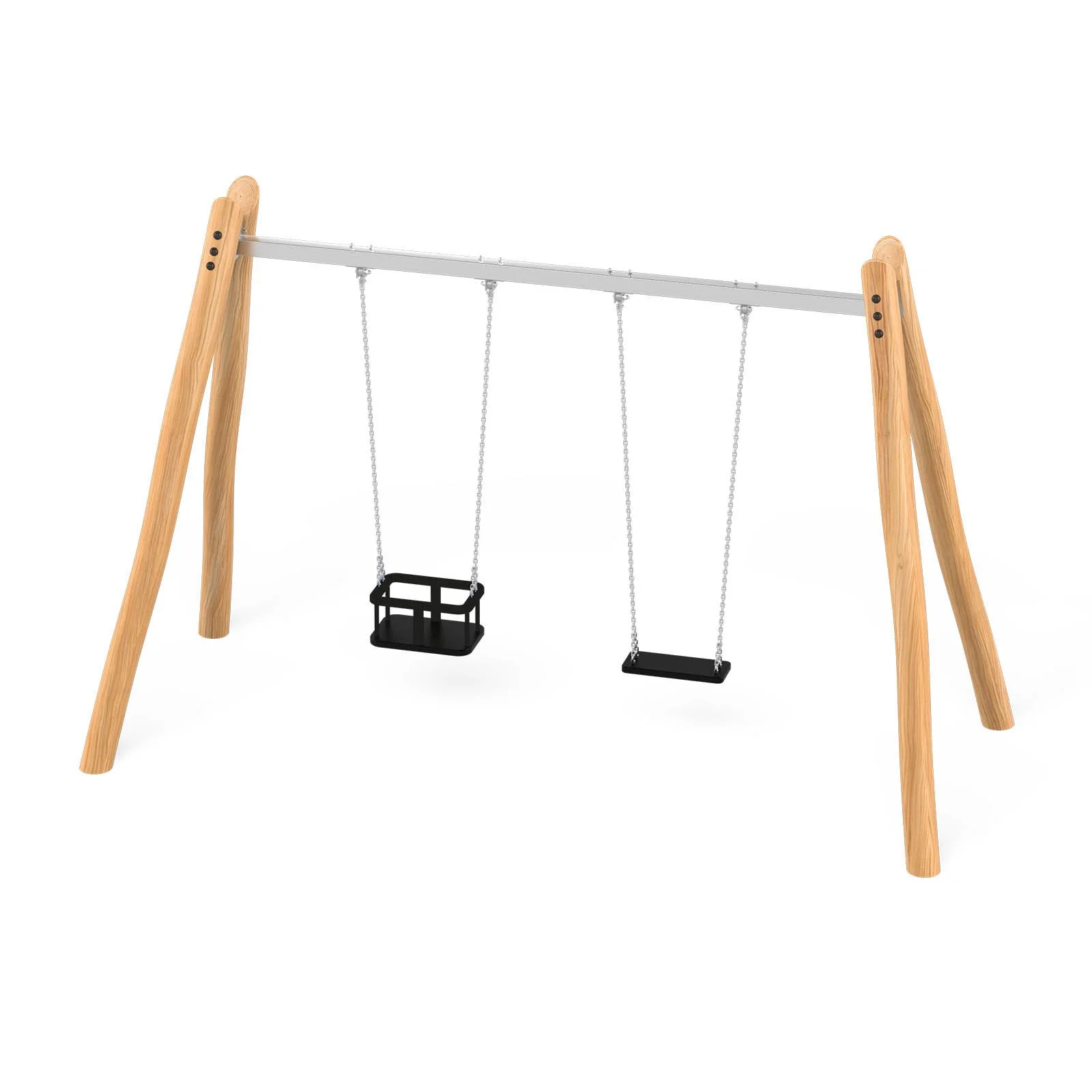 Wooden double playground swing frame made of robinia acacia wood and stainless steel, designed for children aged 3–14 in public outdoor playgrounds.