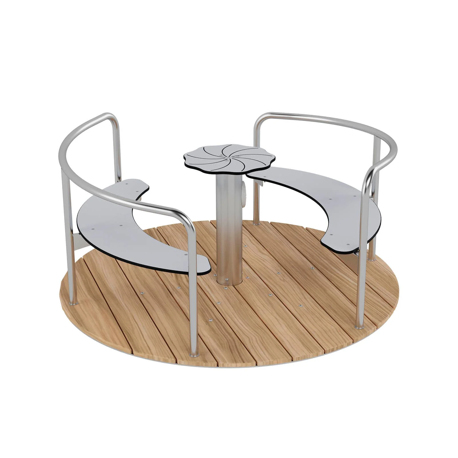 Wooden playground carousel with seating made of robinia acacia wood and stainless steel, designed for children aged 3–14 for shared play in public spaces.