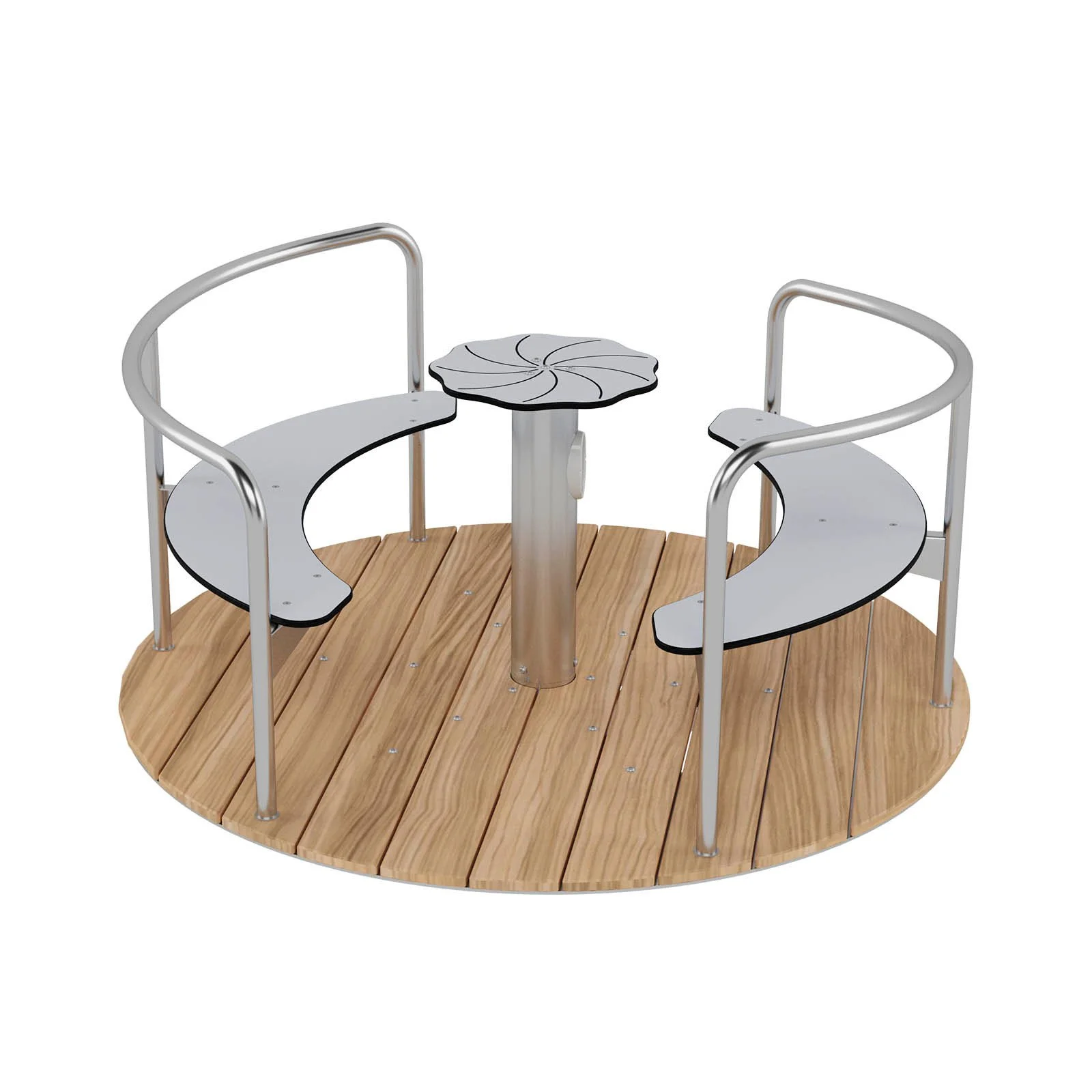 Wooden playground carousel with seating made of robinia acacia wood and stainless steel, designed for children aged 3–14 for shared play in public spaces.