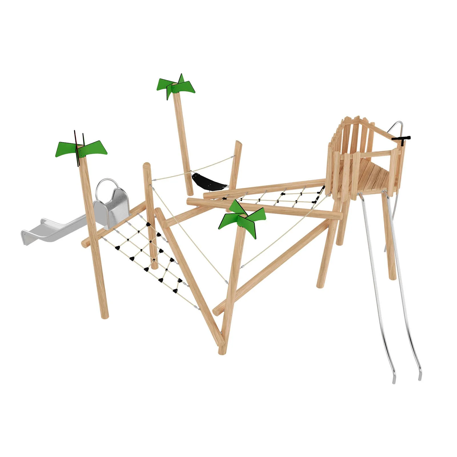 Wooden playground adventure set made of robinia acacia wood with slide and rope elements, designed for children aged 3–14 in public playgrounds.