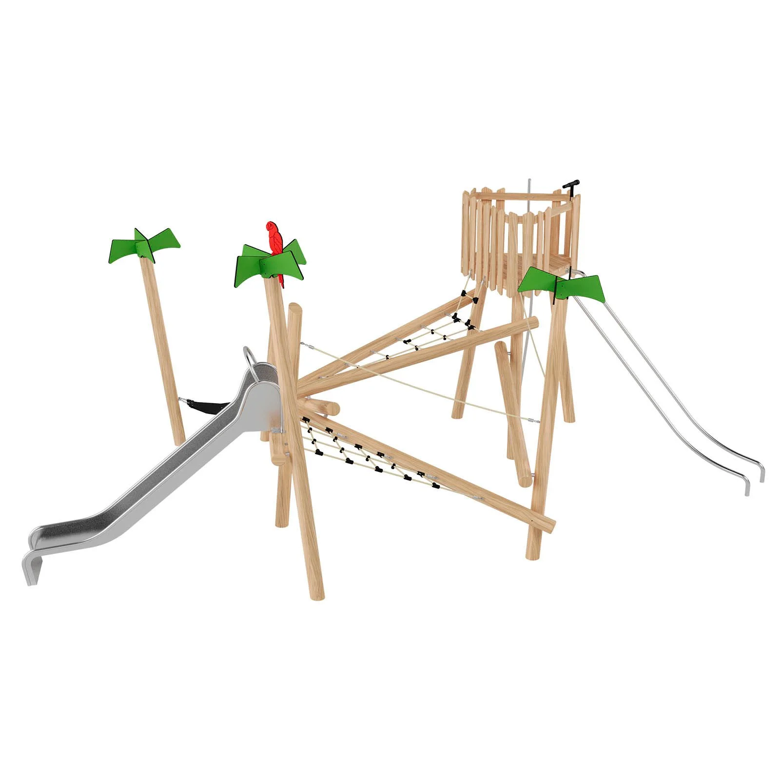 Wooden playground adventure set made of robinia acacia wood with slide and rope elements, designed for children aged 3–14 in public playgrounds.